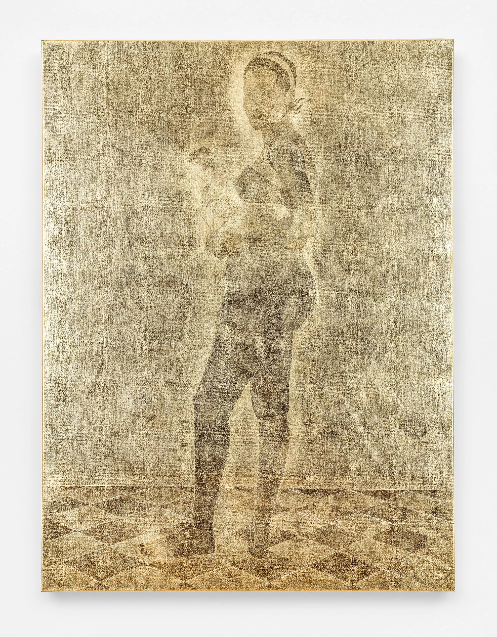 Stacy Lynn Waddell,  YOUNG WOMAN HOLDING A FLOWER (for M. S.) , 2022, 22-karat gold leaf on canvas, 48 x 36 inches.