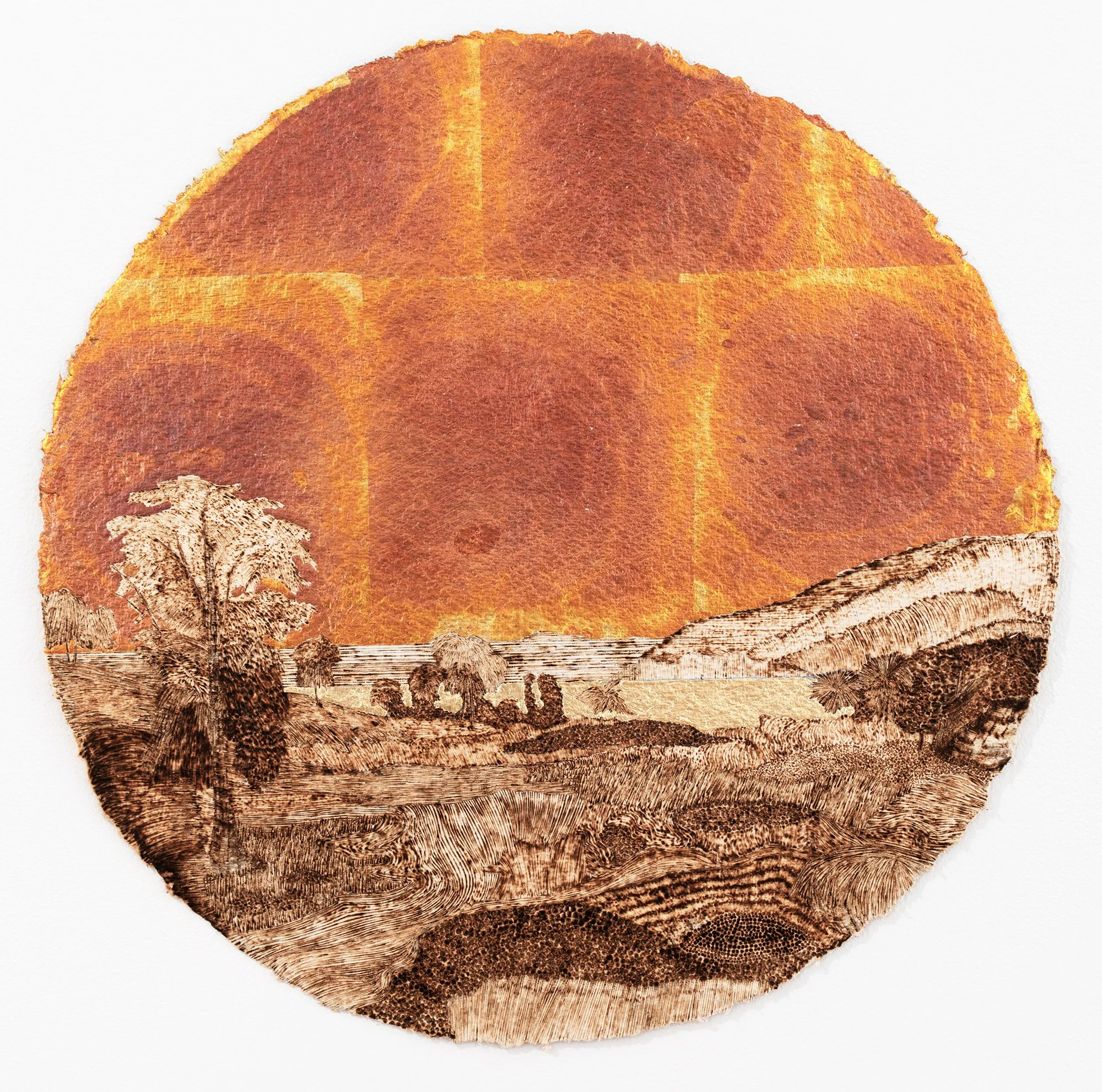 Stacy Lynn Waddell,  Landscape with Rainbow as the Sun Blasts the Sky (for R.S.D.) , 1859/2022, Burned handmade paper with blue pencil, variegated metal and composition gold leaf, 20 x 20 inches (framed), 16 x 16 inches (unframed). Photo credit: Ku