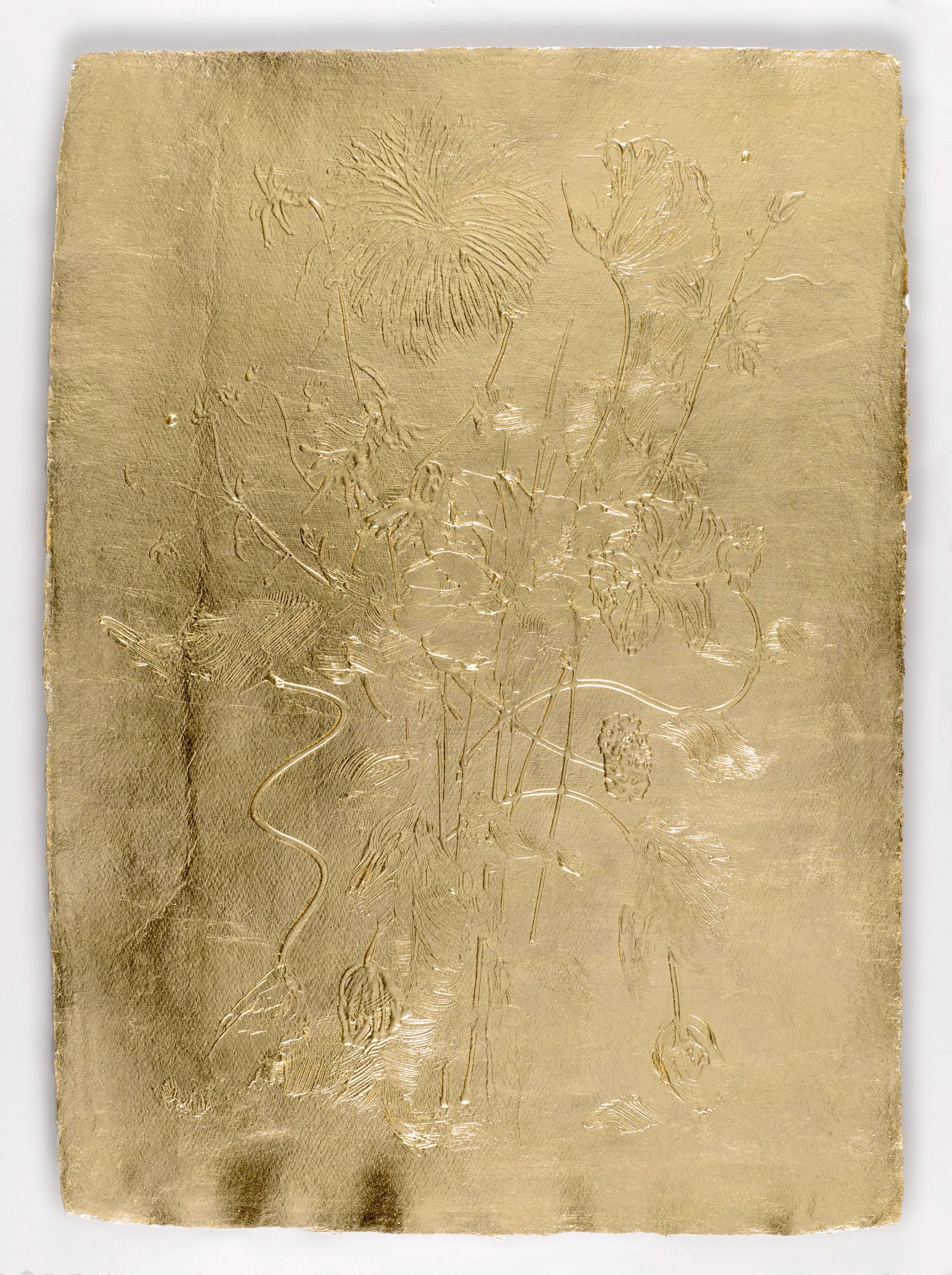 Stacy Lynn Waddell,  Untitled (Floral Relief 1665) , 2021, 22 karat gold leaf on paper, 35 x 26 1/2 inches. Photo credit: Kunning Huang.
