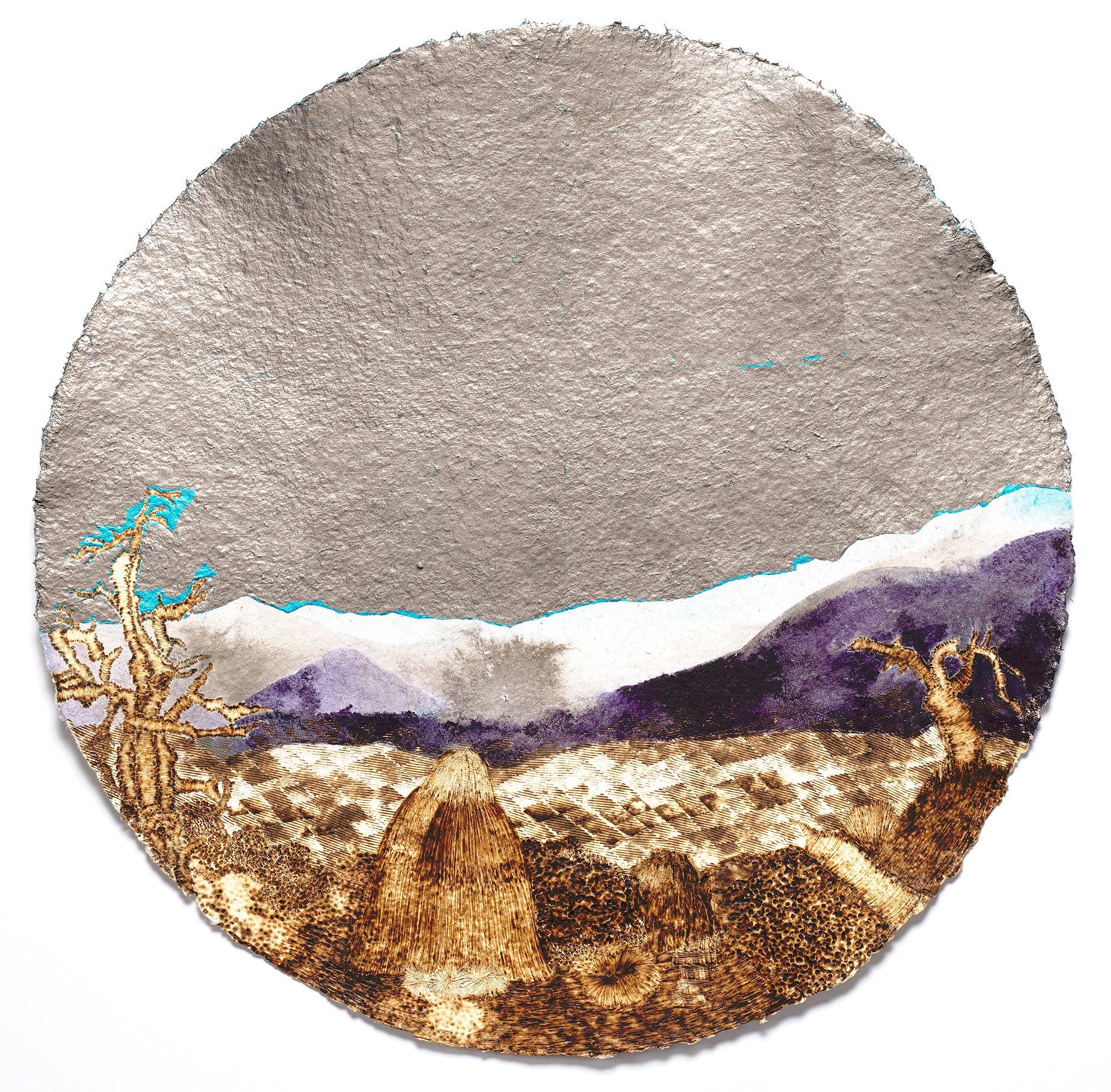 Stacy Lynn Waddell,  A View of Asheville, North Carolina under an Atmospheric River Sky (for R.S.D.) , 1850/2022, Burned handmade paper with blue pencil, ink, and colored silver leaf, 20 x 20 inches (framed), 16 x 16 inches (unframed). Photo credit