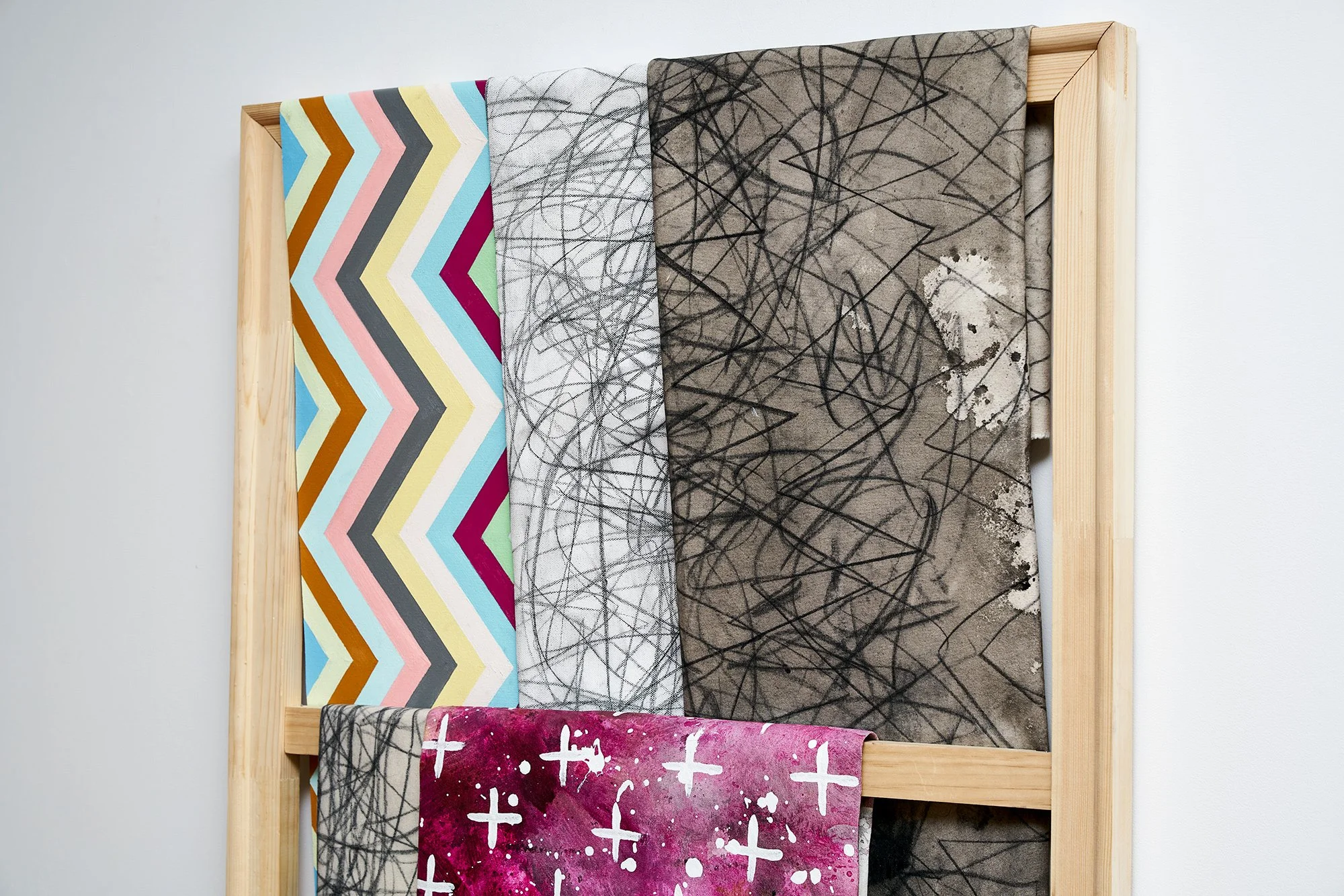   Patrick Dean Hubbell,  The Nature Of Your Spirit, Guides Me Through My Limitations , 2023  (detail),Oil, acrylic, enamel, charcoal, acrylic dispersion, sewing on canvas, wood stretcher bar frame, 65 x 30 inches. Photo credit: Kunning Huang.  