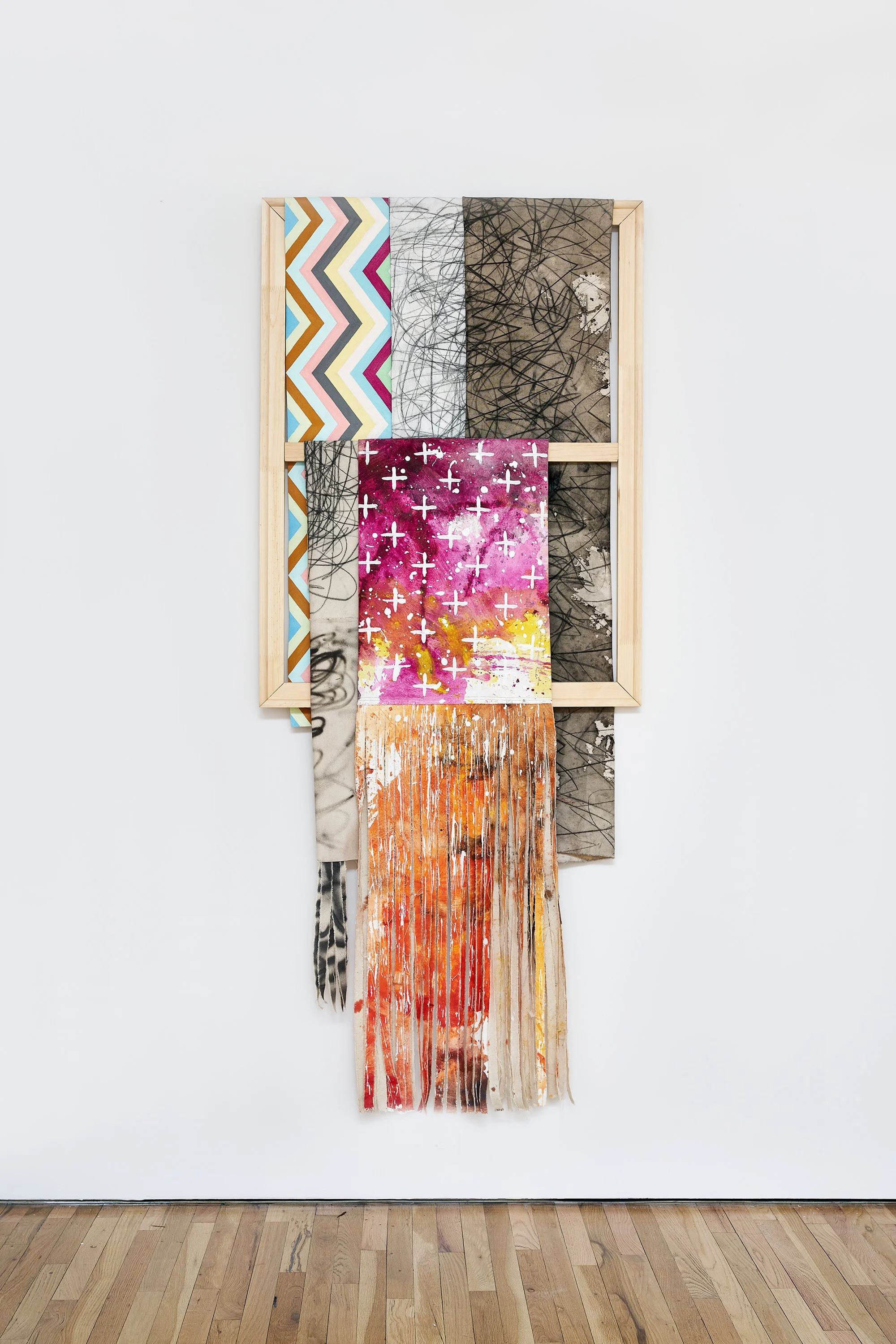   Patrick Dean Hubbell,  The Nature Of Your Spirit, Guides Me Through My Limitations , 2023 ,Oil, acrylic, enamel, charcoal, acrylic dispersion, sewing on canvas, wood stretcher bar frame, 65 x 30 inches. Photo credit: Kunning Huang.  