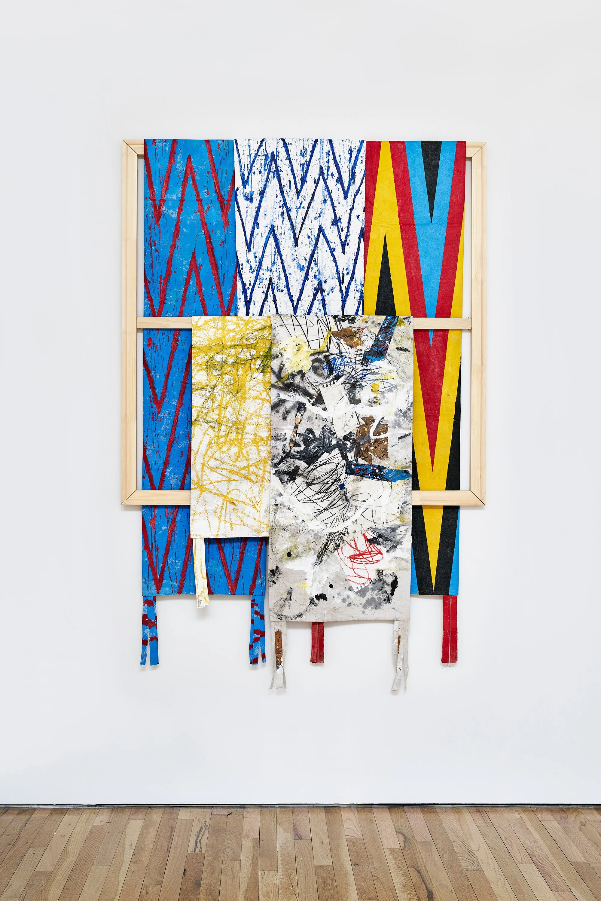   Patrick Dean Hubbell,  You Showed Us That Your Spirit Surrounds Our Faults , 2022, Oil, acrylic, enamel, oil pastel, paper, charcoal, cardboard, painters tape, dirt on canvas, wooden stretcher bar frame, 72 x 48 inches. Photo credit: Kunning Huang.
