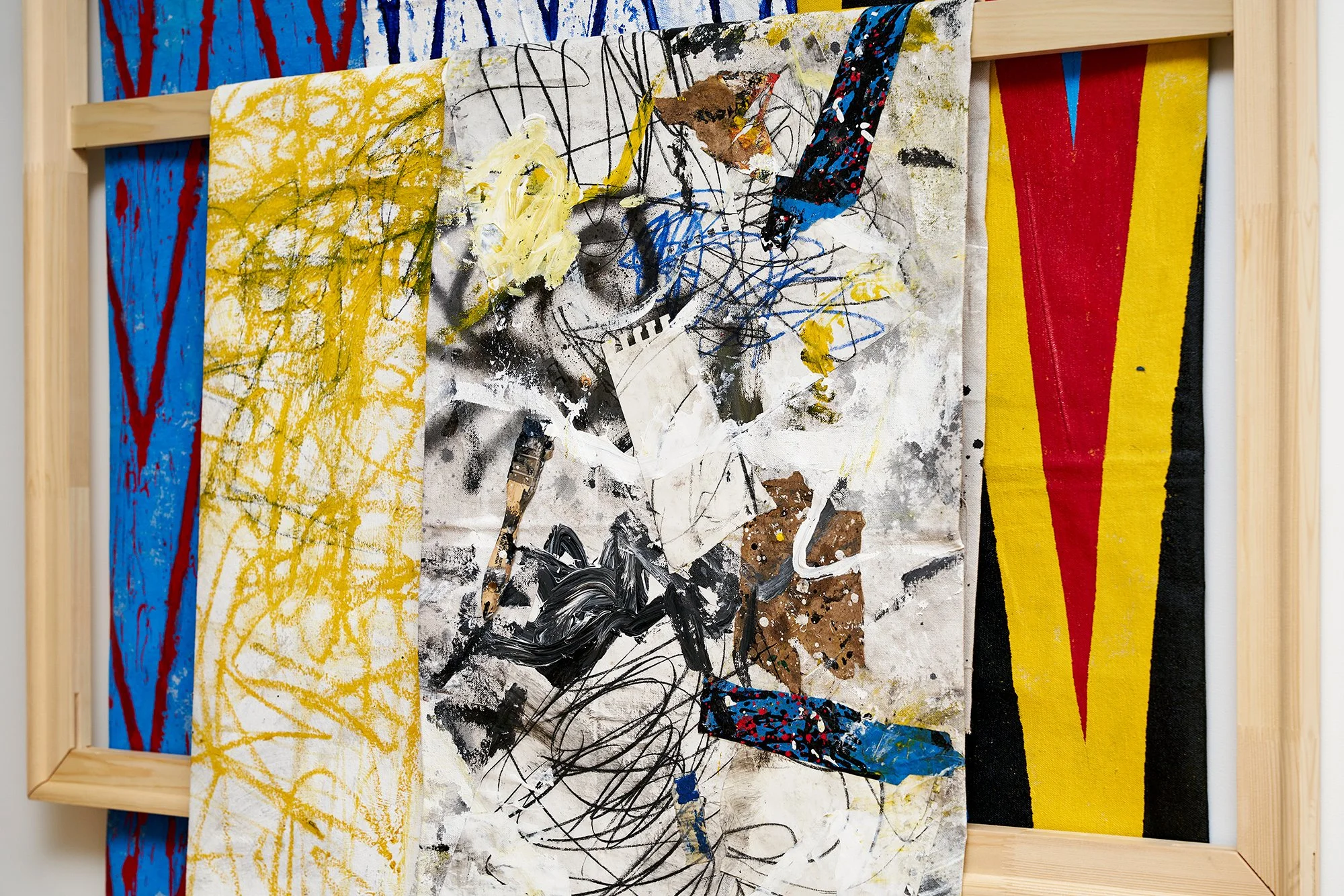   Patrick Dean Hubbell,  You Showed Us That Your Spirit Surrounds Our Faults , 2022 (detail), Oil, acrylic, enamel, oil pastel, paper, charcoal, cardboard, painters tape, dirt on canvas, wooden stretcher bar frame, 72 x 48 inches. Photo credit: Kunni
