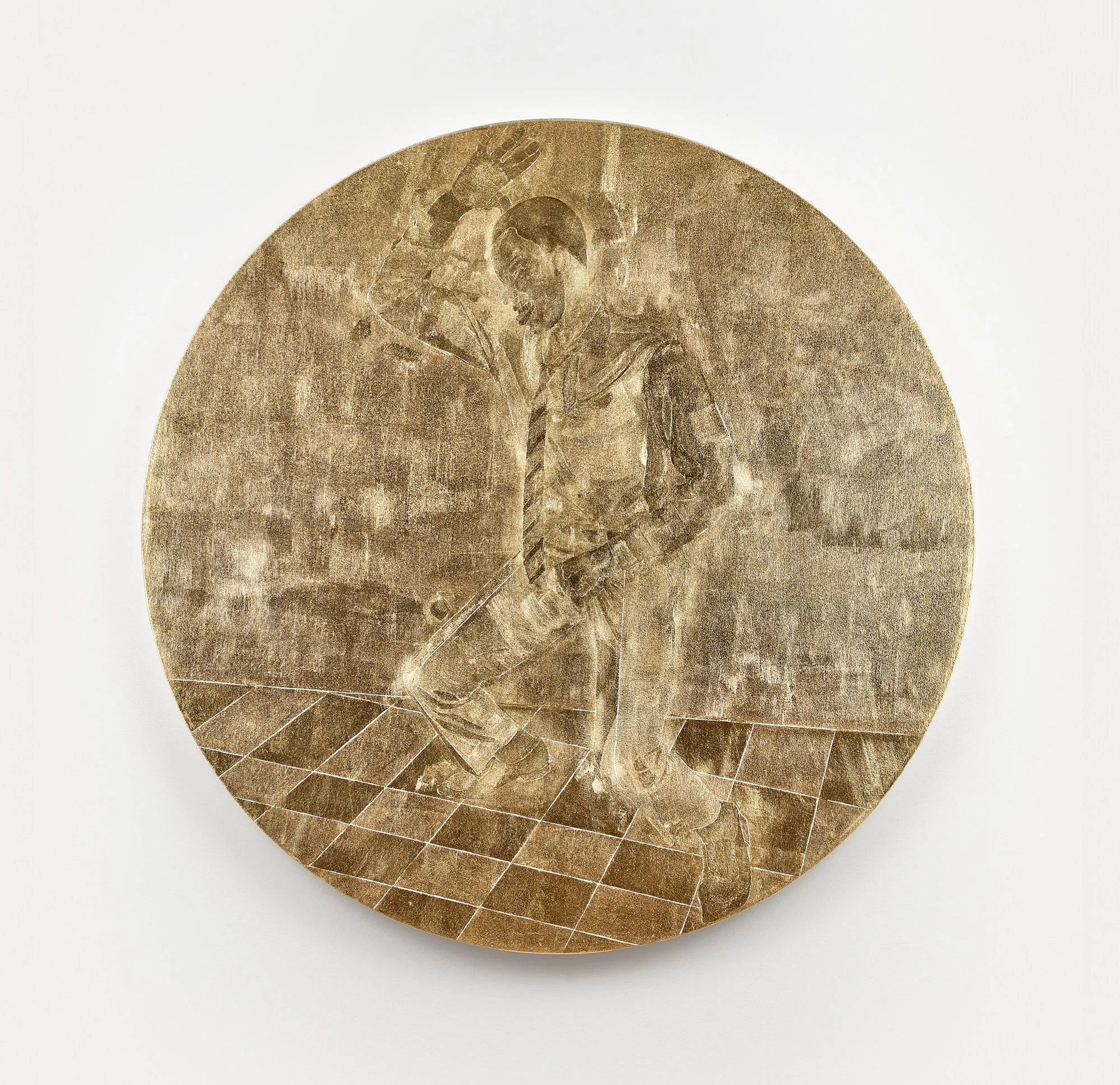   Stacy Lynn Waddell,  DANCER WALKING AND DANCING ABOVE &amp; BELOW THE HORIZON LINE (for M.S.) , 1964/2023, 22-karat gold leaf on canvas, 48 inches (diameter). Photo credit: Kunning Huang.  