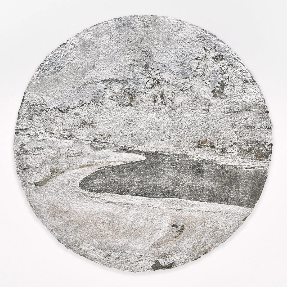   Stacy Lynn Waddell, Untitled #2 (awakening after the Gulf Stream and the Hurricane), 2023, Silver leaf, aluminum leaf and Japanese colored silver leaf on handmade cotton/abaca paper, 32 5/8 x 32 5/8 inches (framed), 29 inches (paper diameter). Phot