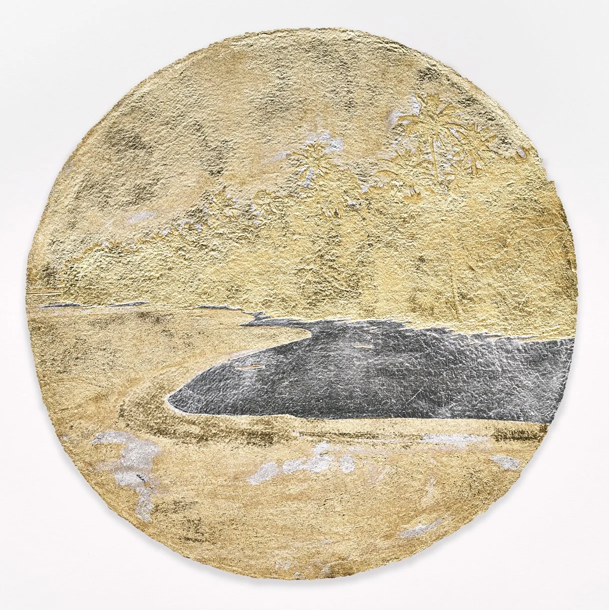   Stacy Lynn Waddell,  Untitled #1 (awakening after the Gulf Stream and the Hurricane) , 2023, 22-karat gold leaf, composition gold leaf and aluminum leaf on handmade cotton/abaca paper, 32 5/8 x 32 5/8 inches (framed), 29 inches (paper diameter). Ph
