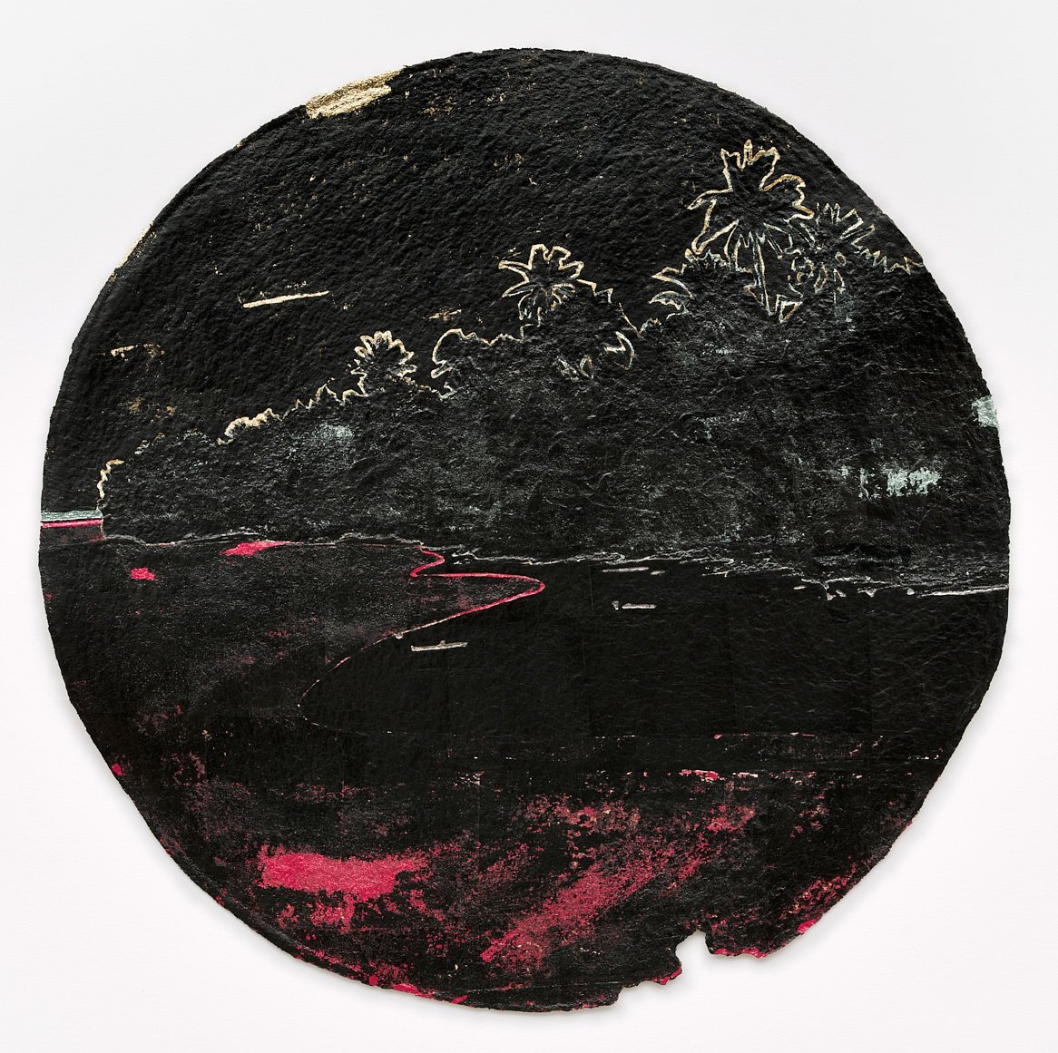   Stacy Lynn Waddell,  Untitled #5 (awakening after the Gulf Stream and the Hurricane) , 2023, Composition gold leaf and Japanese colored silver leaf on handmade cotton/abaca paper, 32 5/8 x 32 5/8 inches (framed), 29 inches (paper diameter). Photo c