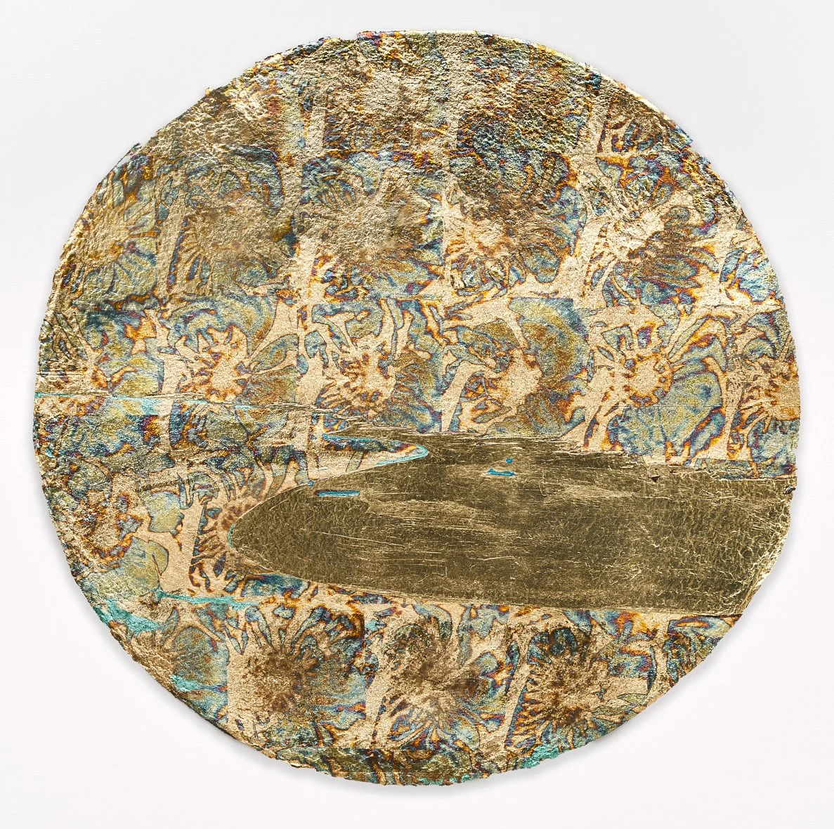   Stacy Lynn Waddell,  Untitled #3 (awakening after the Gulf Stream and the Hurricane) , 2023, Composition gold leaf, variegated metal leaf and Japanese colored silver leaf on handmade cotton/abaca paper, 32 5/8 x 32 5/8 inches (framed), 29 inches (p