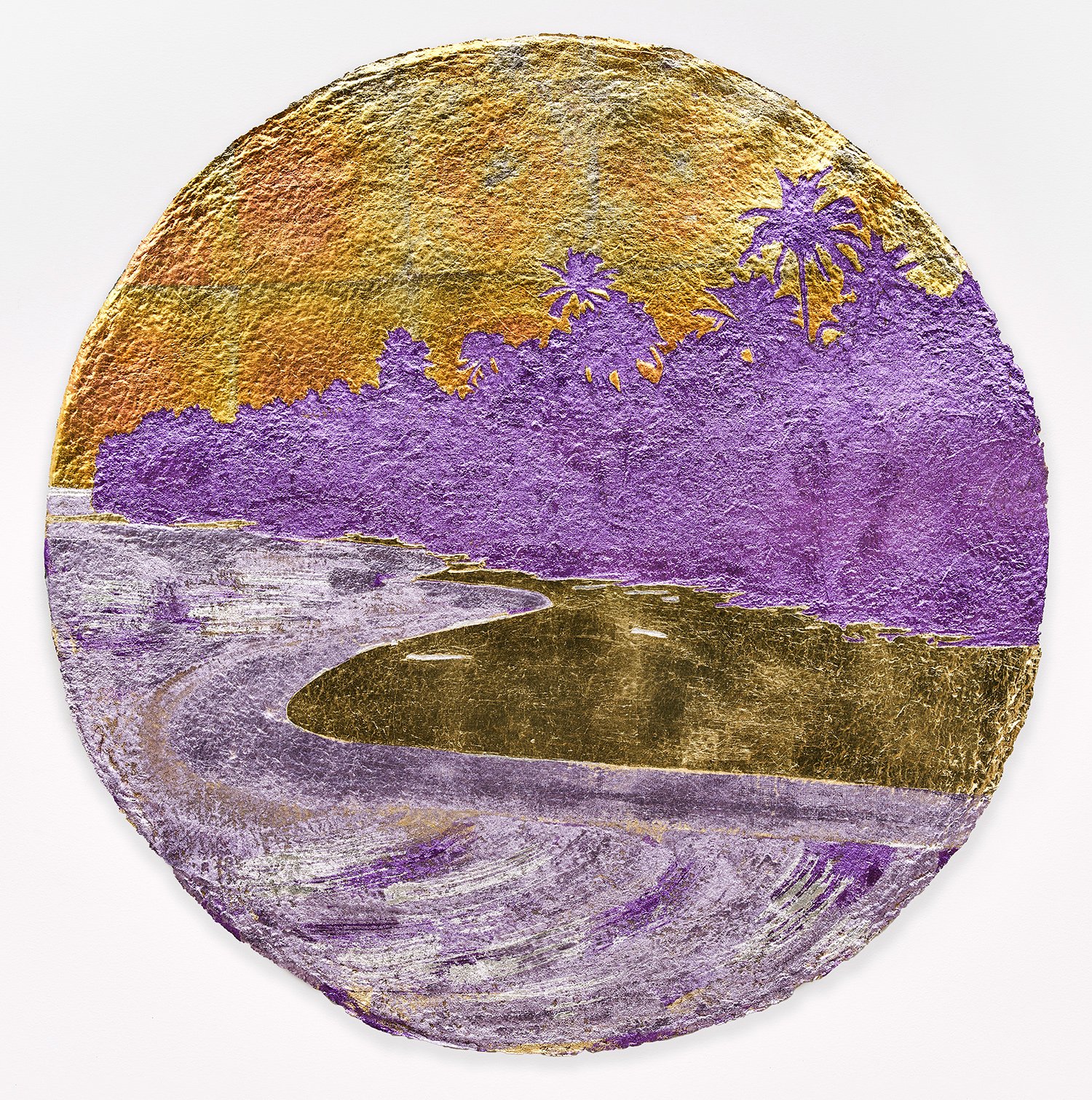   Stacy Lynn Waddell,  Untitled #7 (awakening after the Gulf Stream and the Hurricane) , 2023, Composition gold leaf, variegated metal leaf, silver leaf and Japanese colored silver leaf on handmade cotton/abaca paper, 32 5/8 x 32 5/8 inches (framed),