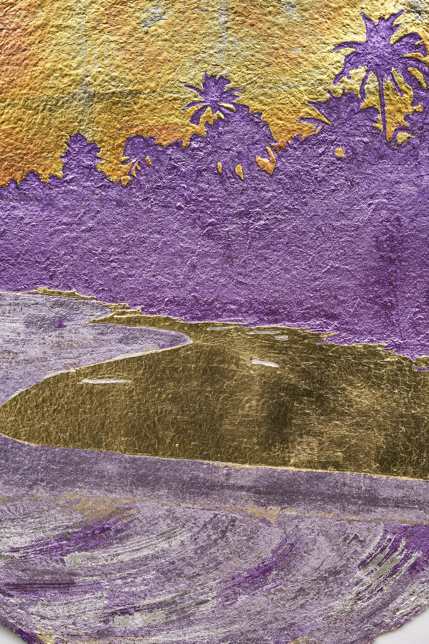   Stacy Lynn Waddell,  Untitled #7 (awakening after the Gulf Stream and the Hurricane) , 2023 (detail), Composition gold leaf, variegated metal leaf, silver leaf and Japanese colored silver leaf on handmade cotton/abaca paper, 32 5/8 x 32 5/8 inches 