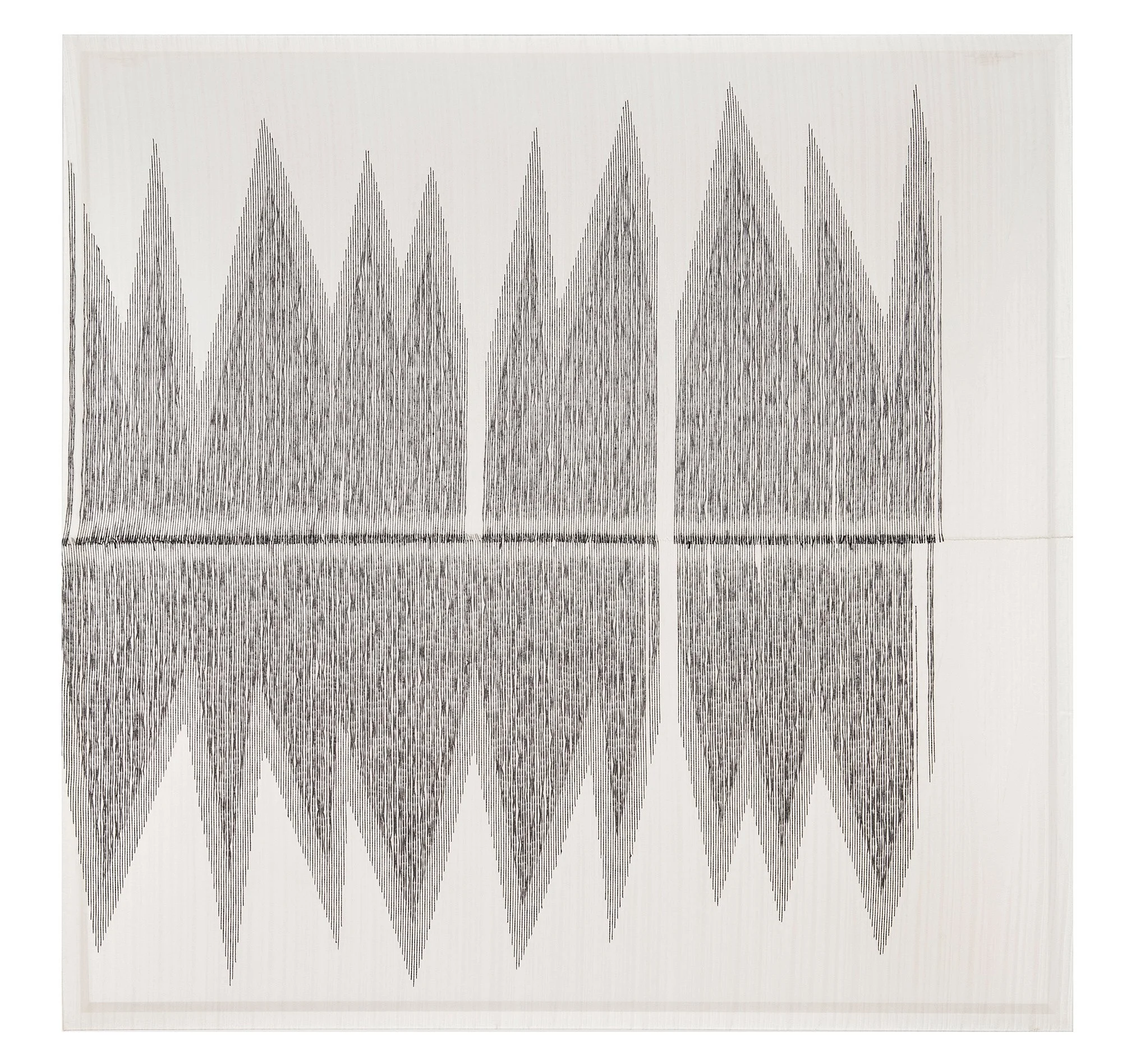   Liz Collins,  Black Mountain , 2018, Textile (Silk and synthetic raffia on wood stretcher), 53 x 52 x 4 inches.  