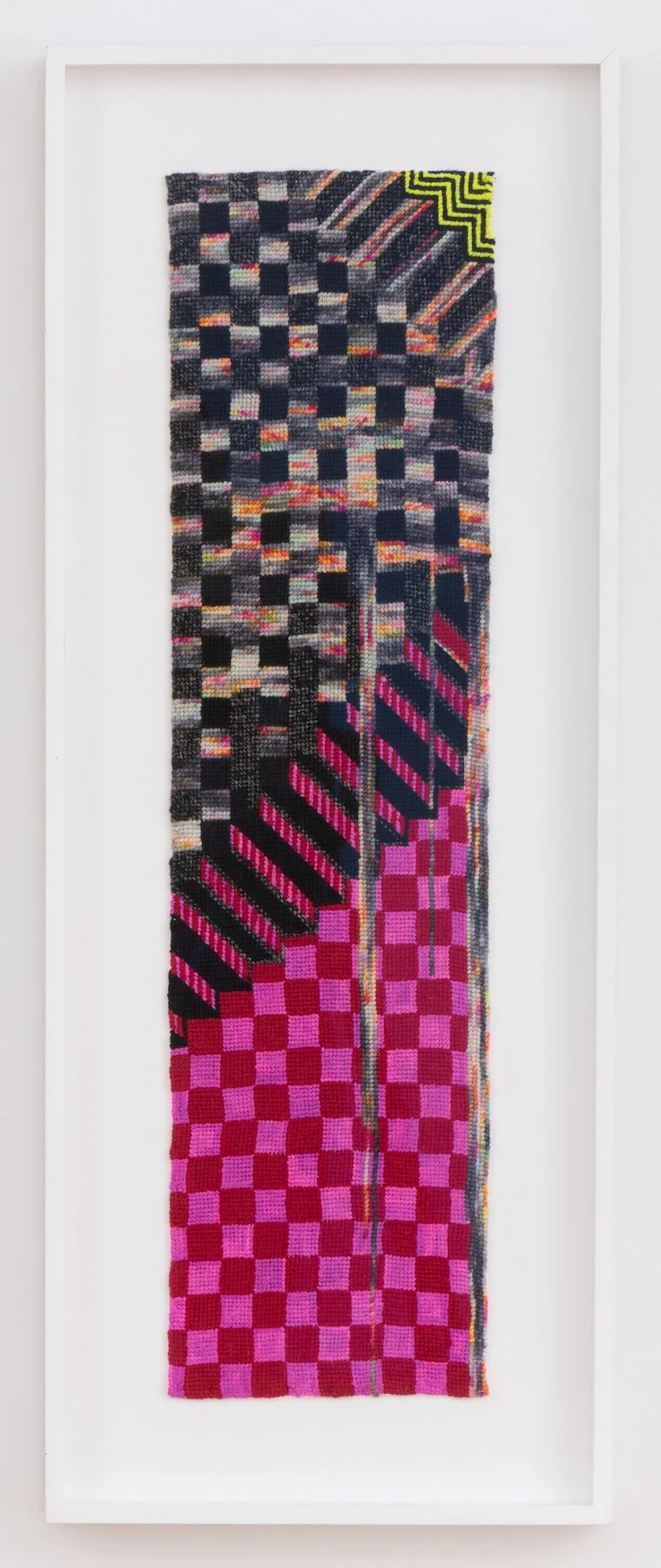 Liz Collins,  Upstairs/Downstairs , 2022, Cotton, silk, and wool, 33 1/4 x 12 3/4 inches (framed), 28 x 7 1/2 inches (unframed). Photo credit Kunning Huang.