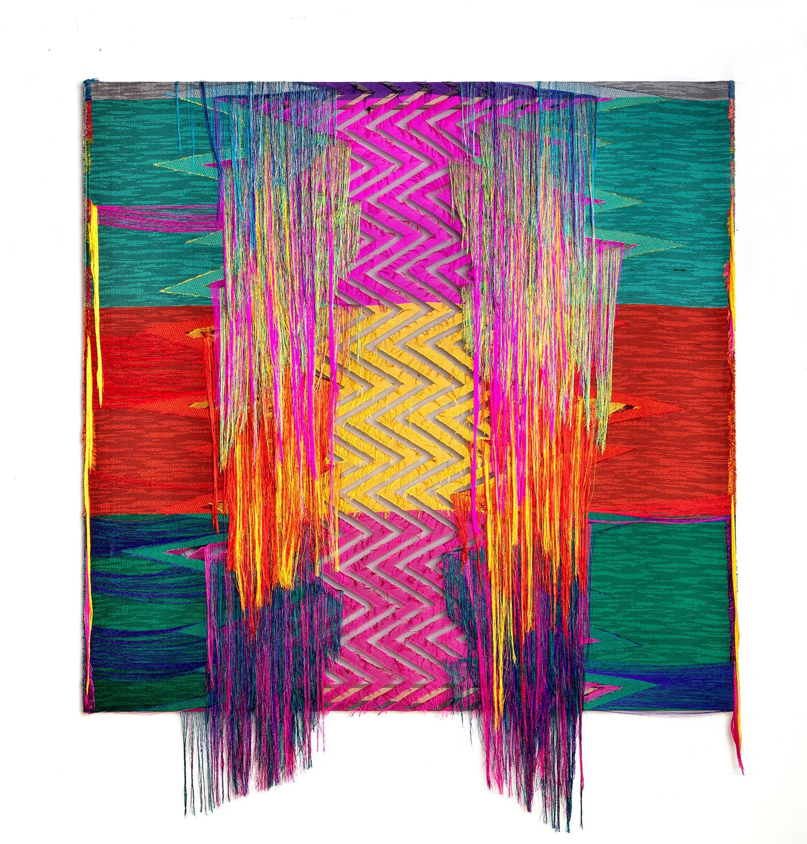   Liz Collins,  Phases , 2021, Silk, linen, wood, 58 1/2 x 60 1/2 inches.   