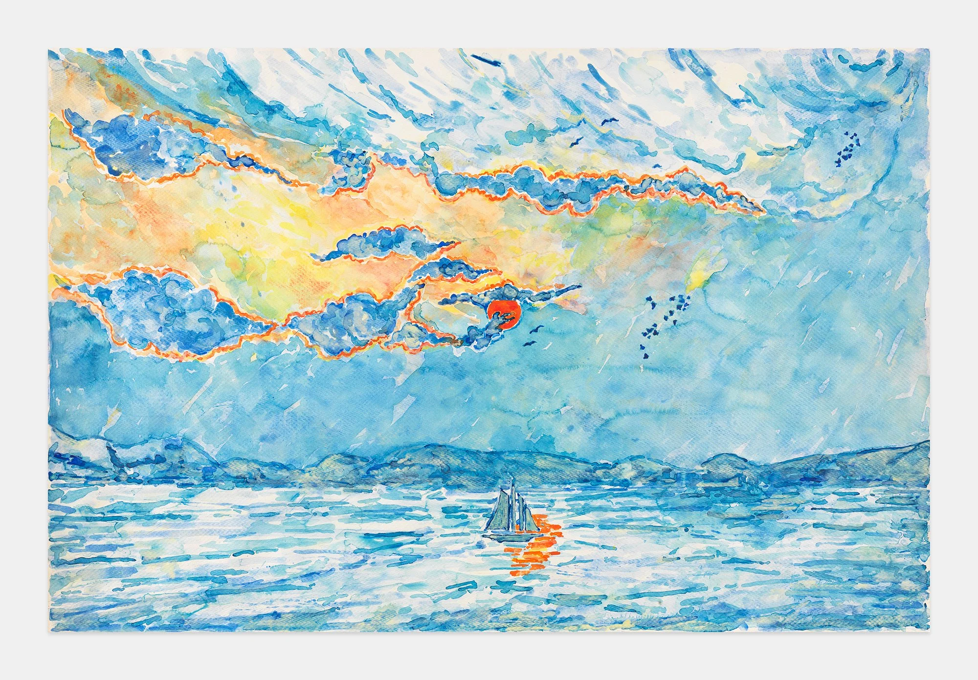Miguel Ferrando, Untitled (Sunset, Birds, Sailboat) , ca. 1985–1995, Watercolor and gouache on paper, 25 x 38 inches. Photo credit: Christopher Burke Studios.
