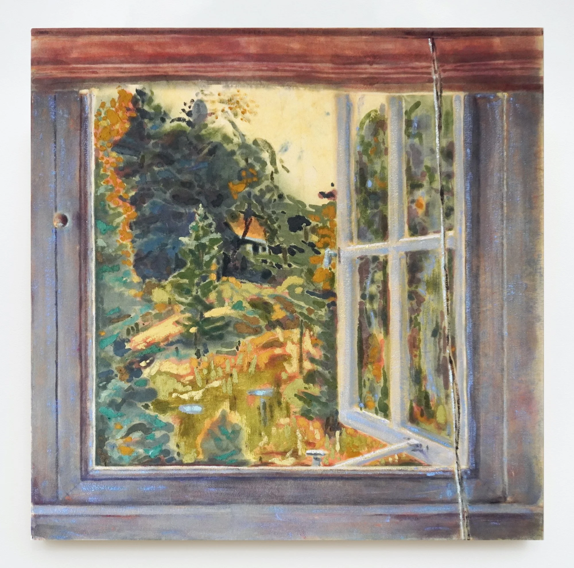 Tessa Greene O'Brien, Seligmann Window, Facing West , 2025, Oil, bleach, and wax resist on dyed canvas, 36 x 36 inches.