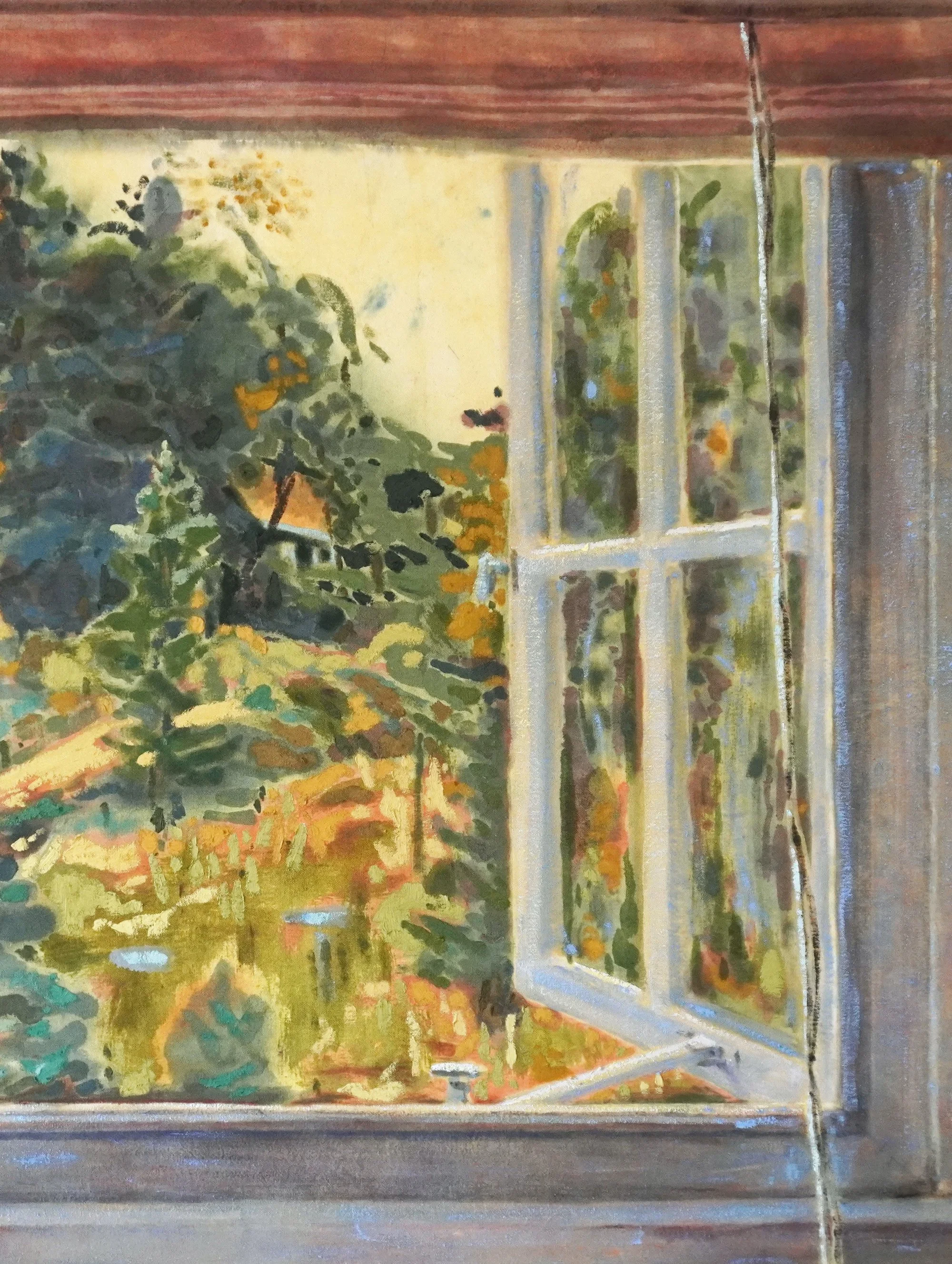 Tessa Greene O'Brien, Seligmann Window, Facing West , 2025 (detail), Oil, bleach, and wax resist on dyed canvas, 36 x 36 inches.