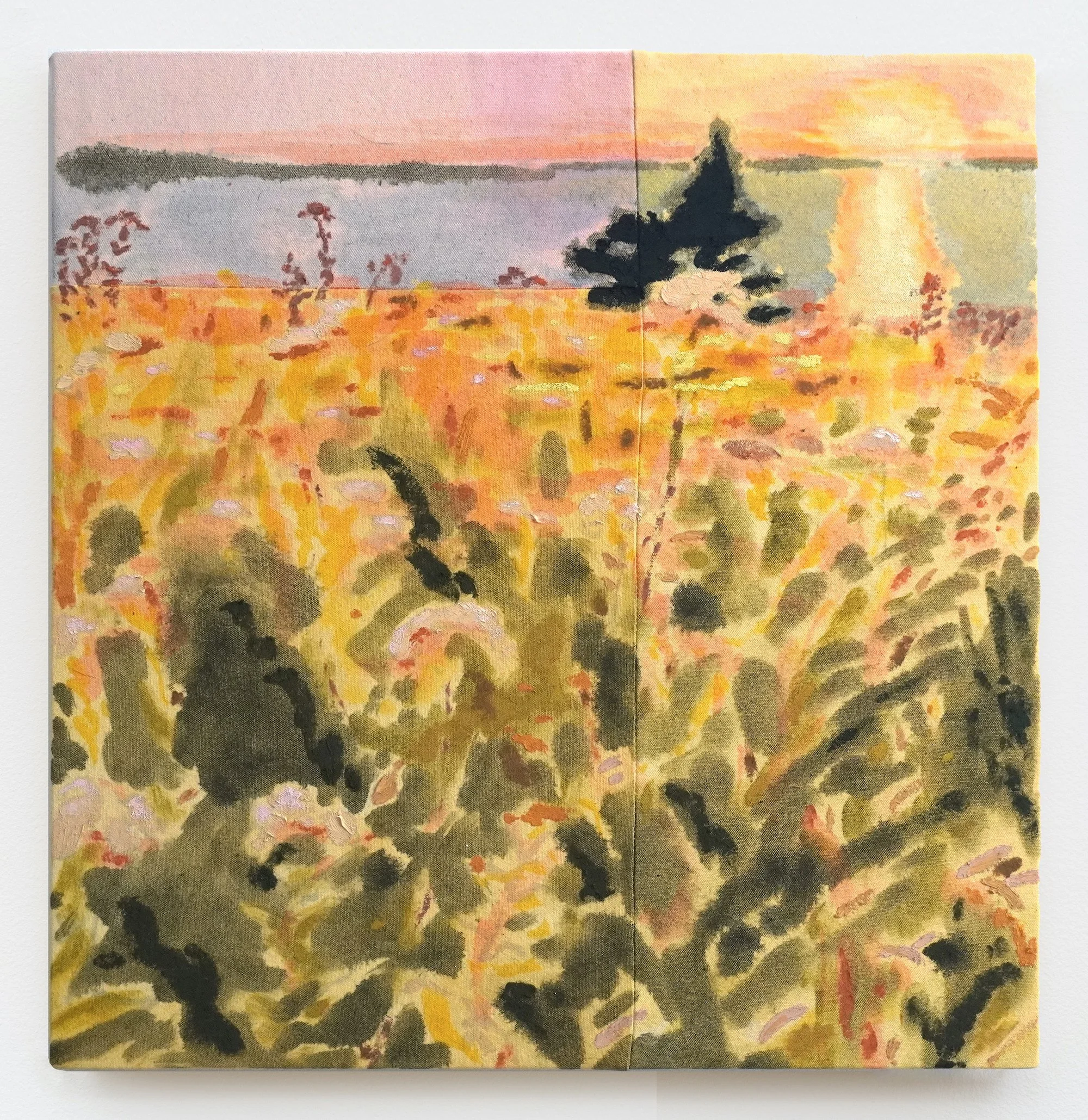 Tessa Greene O'Brien, Magic Field, Cape Split , 2025, Oil on dyed and sewn canvas, 22 x 21 1/2 inches.