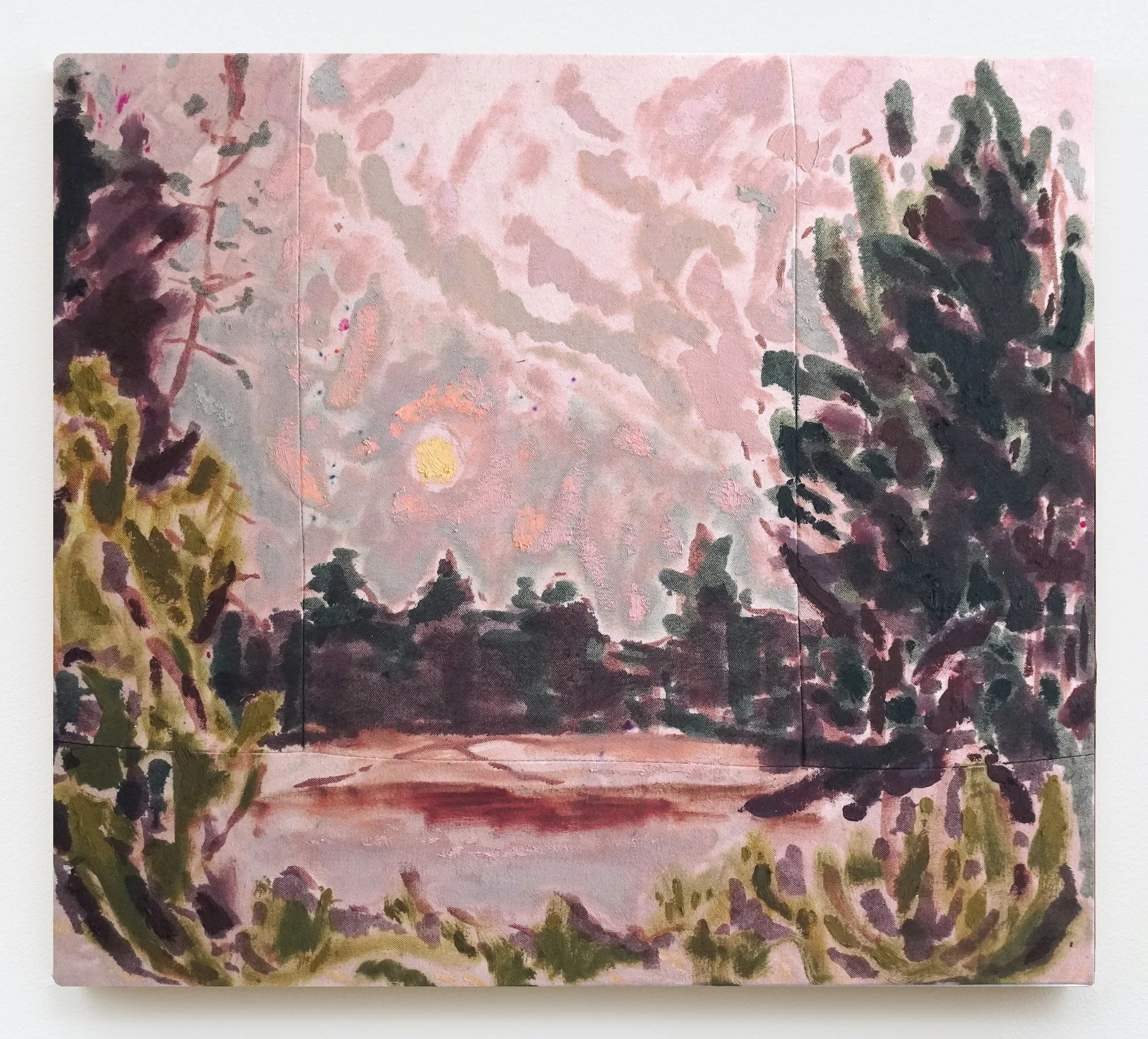 Tessa Greene O'Brien, Pisces Moon, Cape Split , 2025, Oil on dyed and sewn canvas, 21 1/2 x 24 inches.
