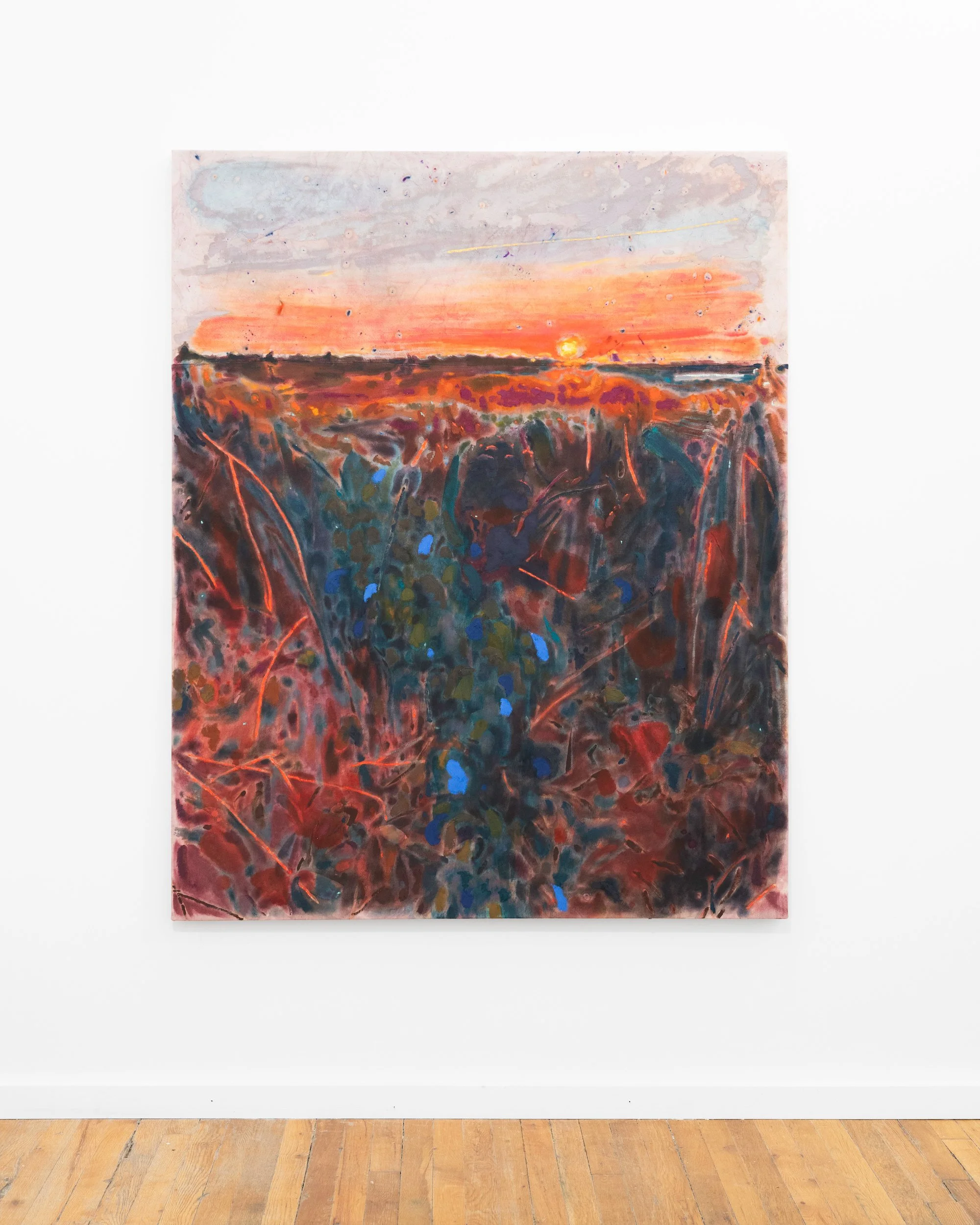 Tessa Greene O'Brien, Poison Ivy Sunset, Addison , 2025, Oil, acrylic, bleach, wax resist on dyed and sewn canvas, 60 x 48 inches. Photo credit: Boru O’Brien O’Connell.