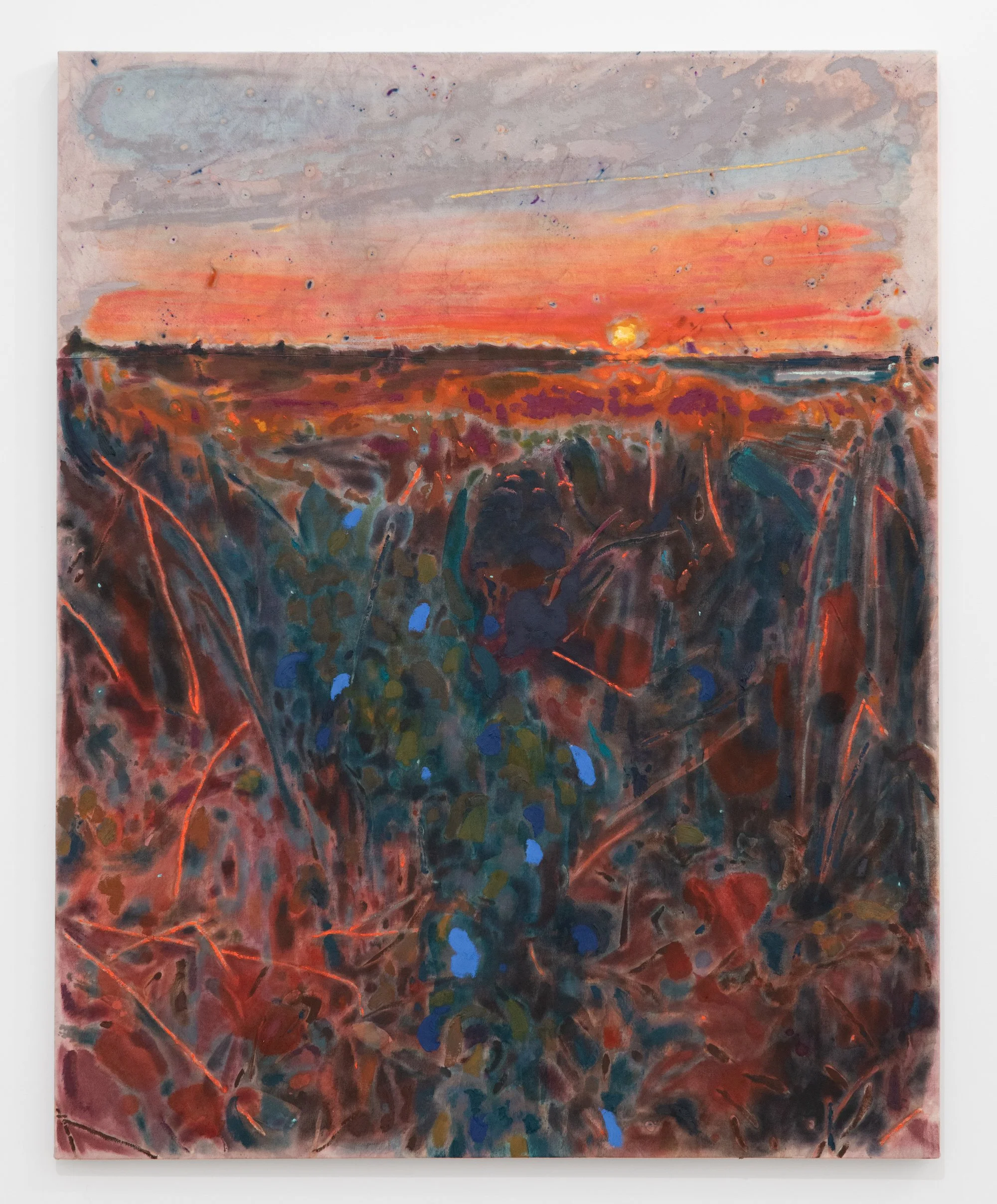 Tessa Greene O'Brien, Poison Ivy Sunset, Addison , 2025, Oil, acrylic, bleach, wax resist on dyed and sewn canvas, 60 x 48 inches. Photo credit: Boru O’Brien O’Connell.