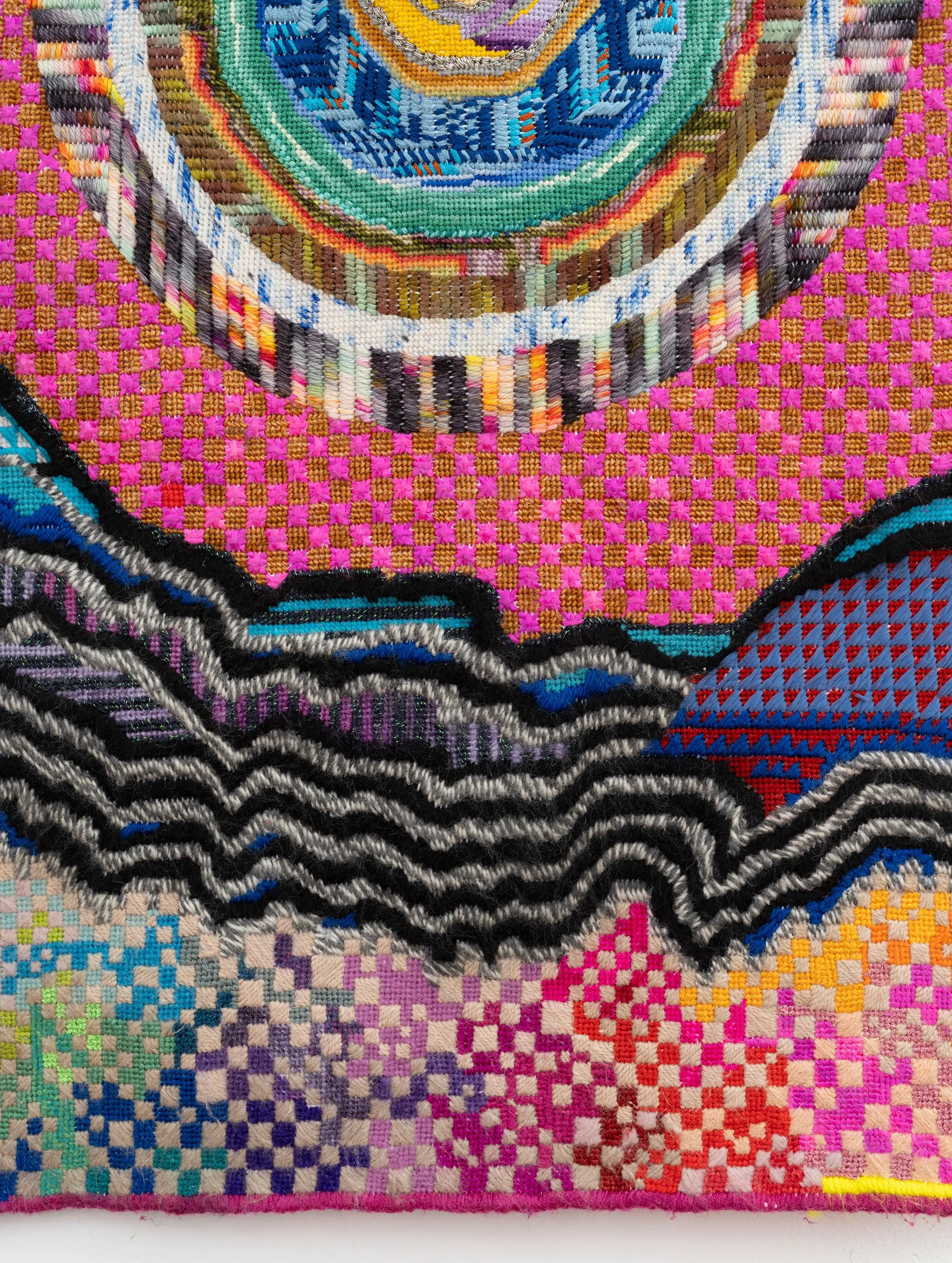   Liz Collins,  Weird World , 2025 (detail), Cotton, cashmere, lurex, and wool, 38 7/8 x 20 1/2 inches (framed), 33 x 15 inches (unframed).  