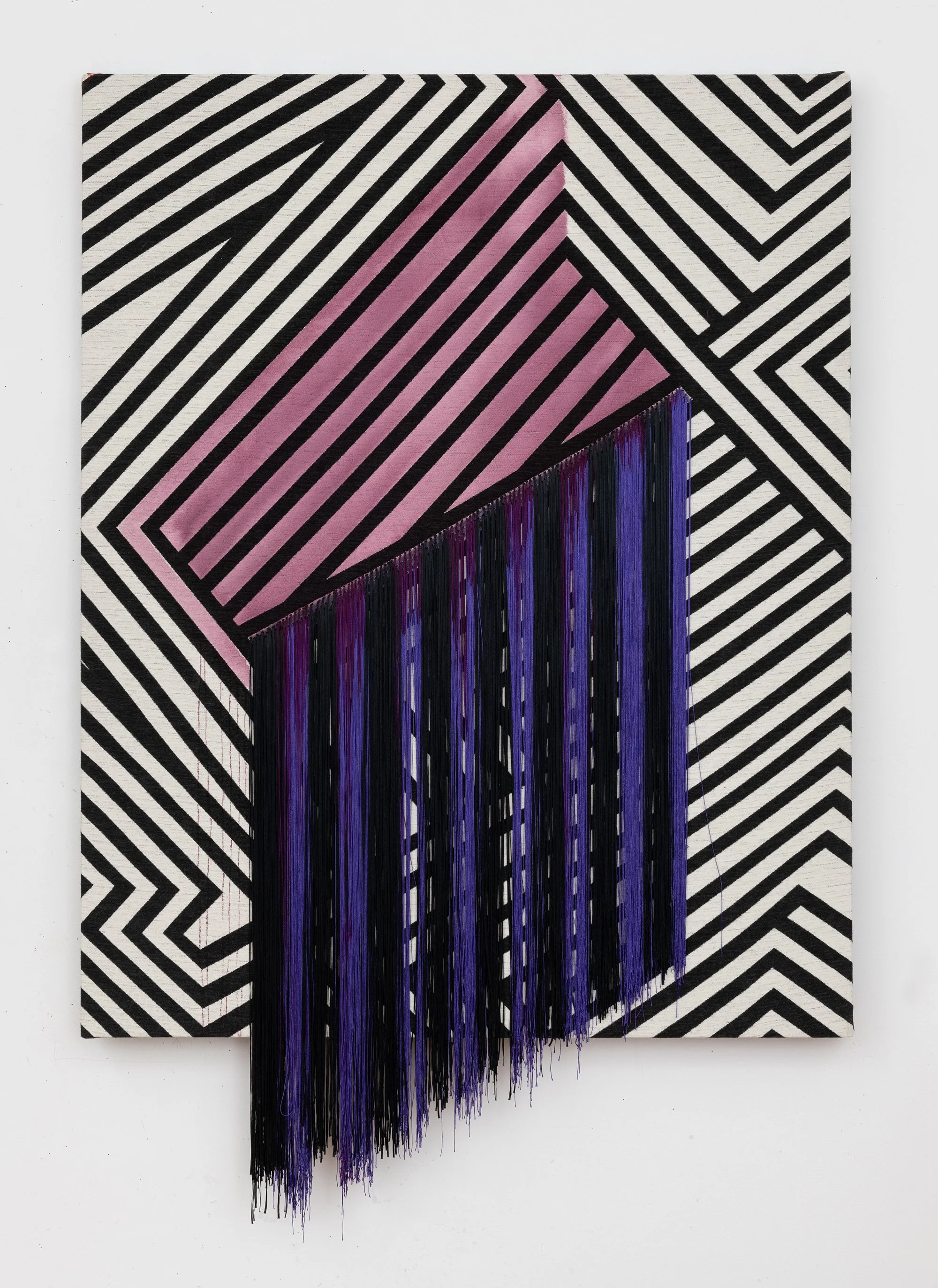  Liz Collins,  Slanted , 2023–2024, Acrylic, textile, and rayon yarn with dye, 70 x 48 inches.  