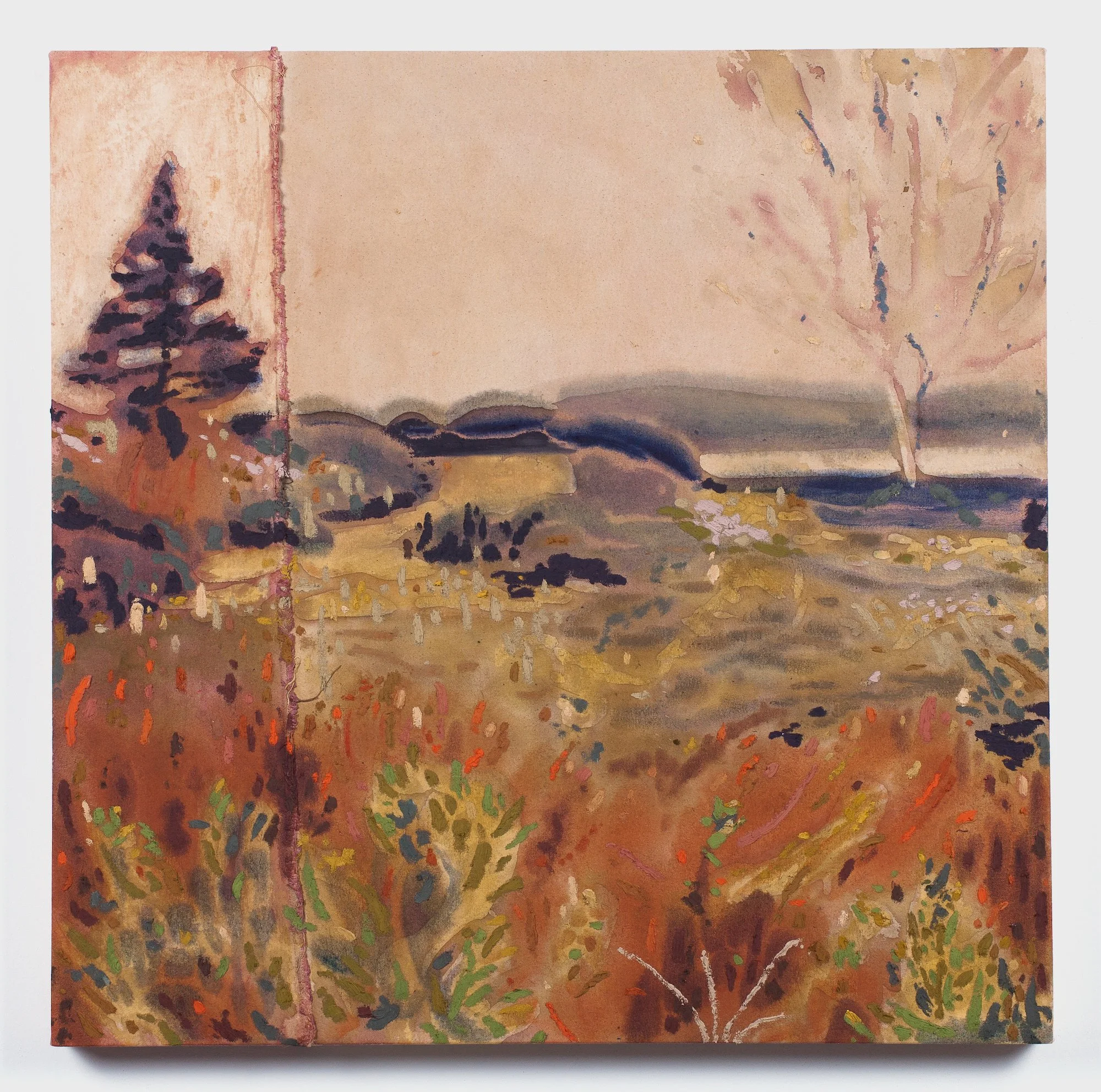   Tessa Greene O'Brien,  Allen Island Salt Pond , 2026, Oil, bleach, and wax resist on dyed and sewn canvas over panel, 36 x 36 inches. Photo credit: Boru O'Brien O'Connell.  