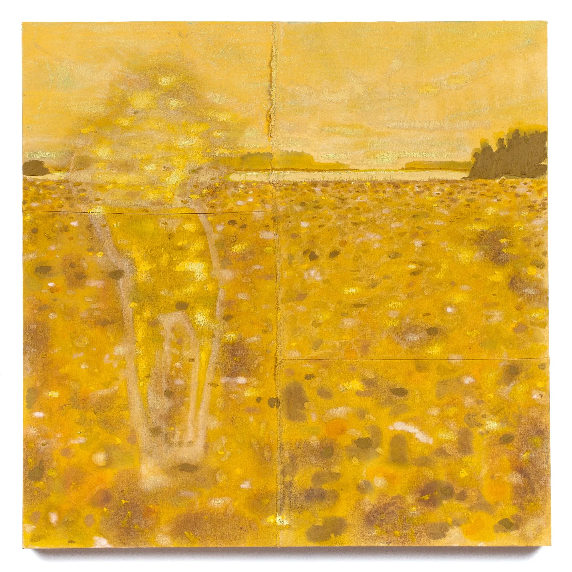   Tessa Greene O'Brien,  Jasper Beach , 2026, Oil, bleach, and wax resist on dyed and sewn canvas over panel, 36 x 36 inches. Photo credit: Boru O'Brien O'Connell.  