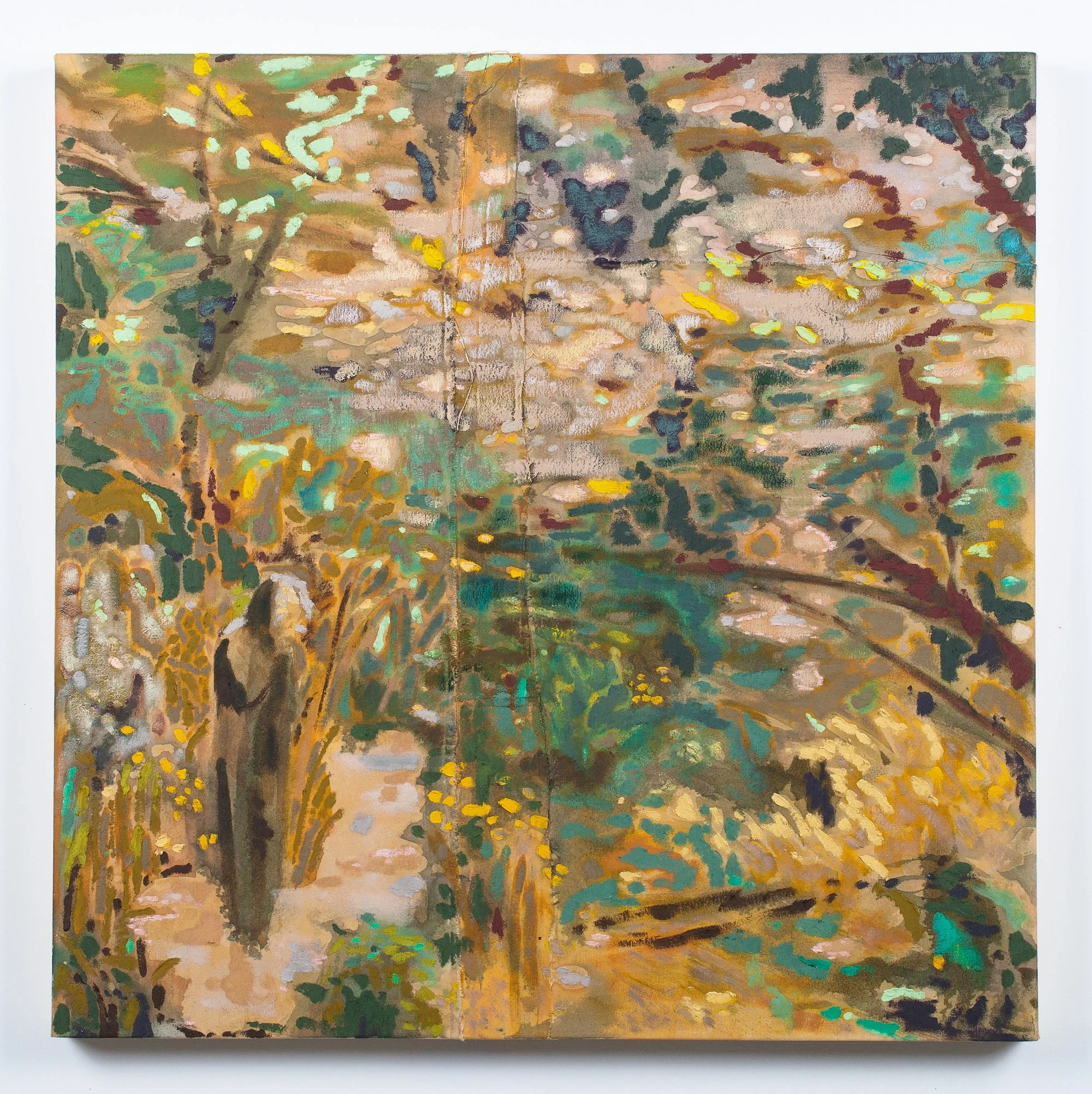   Tessa Greene O'Brien,  August Garden, Montpelier,  2026, Oil, bleach, and wax resist on dyed and sewn canvas over panel, 36 x 36 inches. Photo credit: Boru O'Brien O'Connell.  