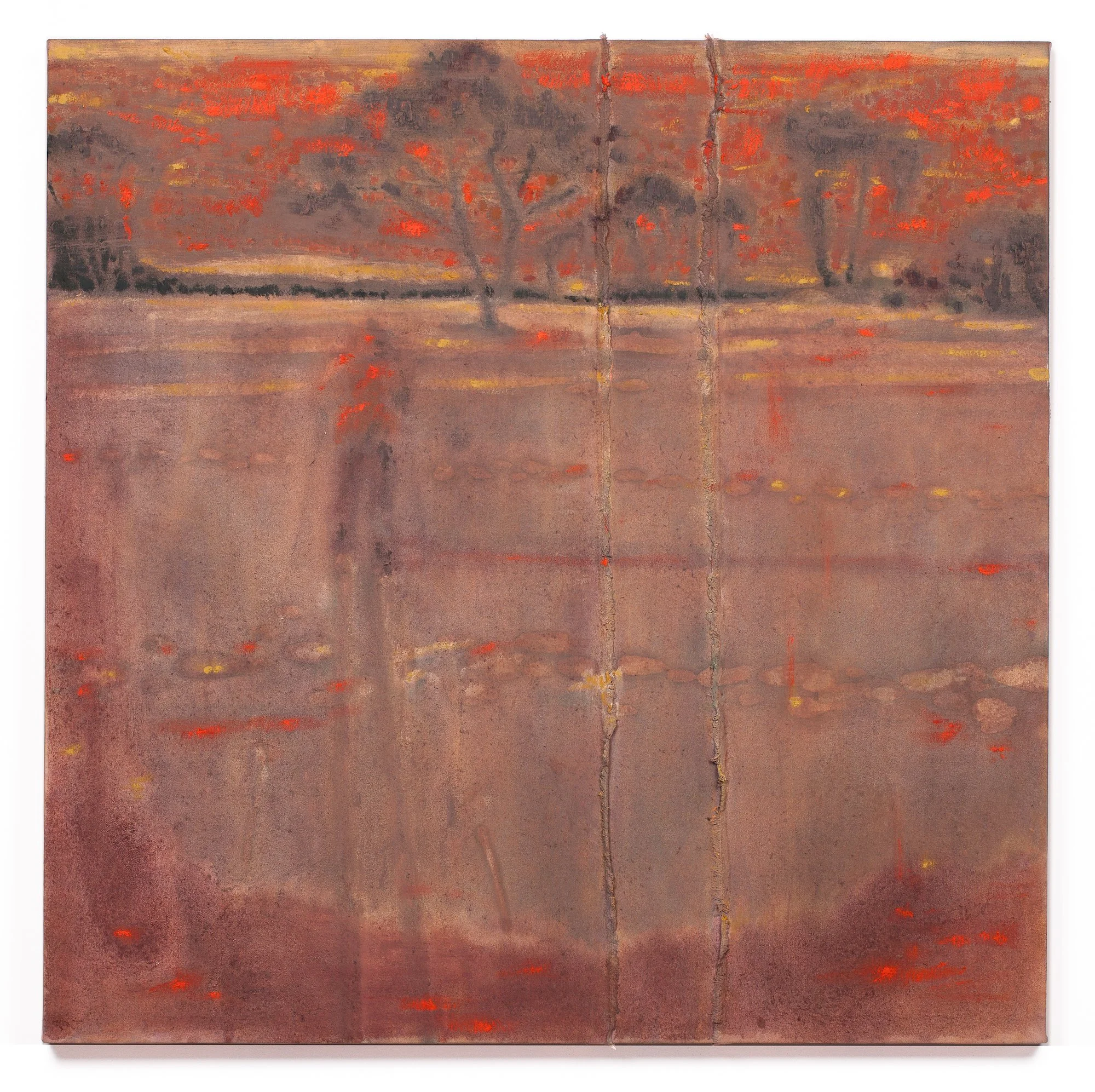   Tessa Greene O'Brien,  Purpoodock Night Ski,  2026, Oil, bleach, and wax resist on dyed and sewn canvas over panel, 36 x 36 inches. Photo credit: Boru O'Brien O'Connell.  