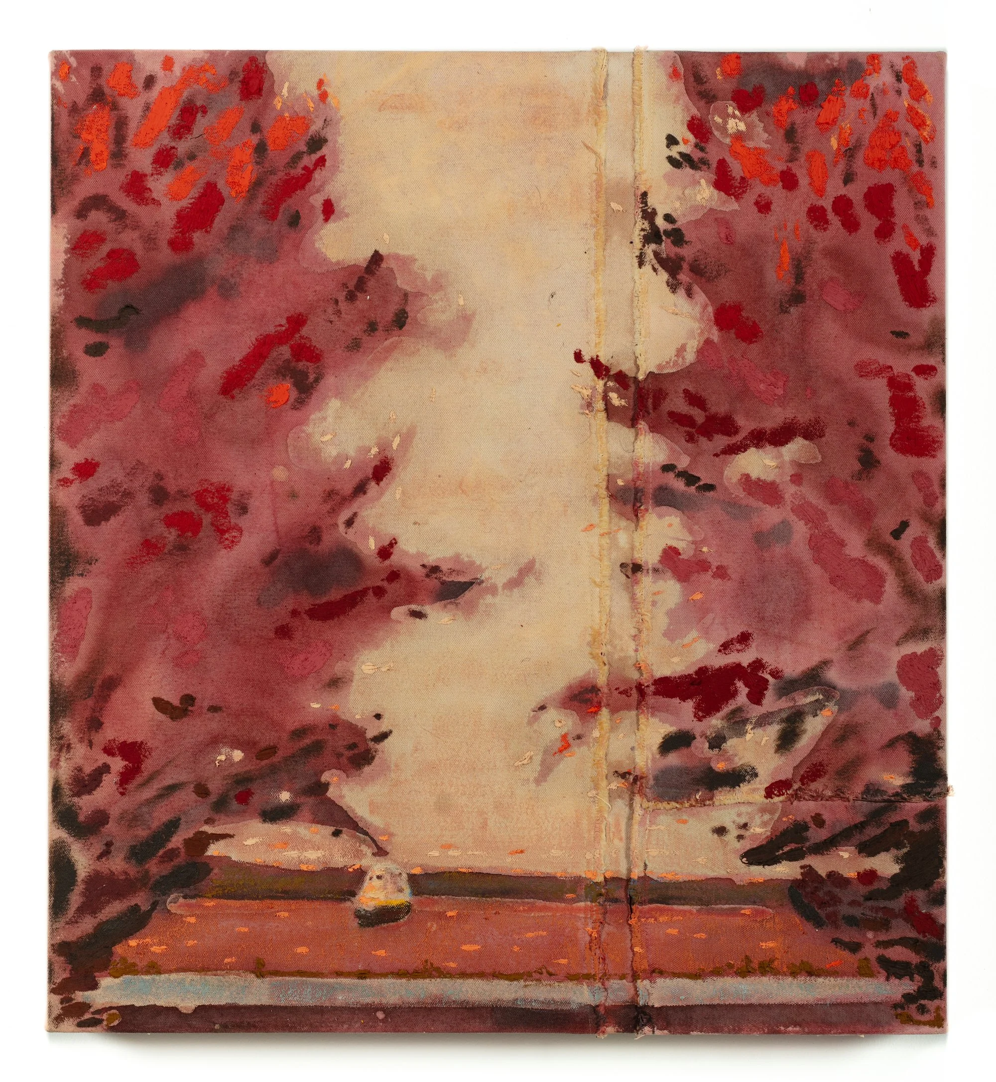   Tessa Greene O'Brien,  Peaks Island Ferry, Bug Light , 2026, Oil, bleach, and wax resist on dyed and sewn canvas over panel, 24 x 21 inches. Photo credit: Boru O'Brien O'Connell.  