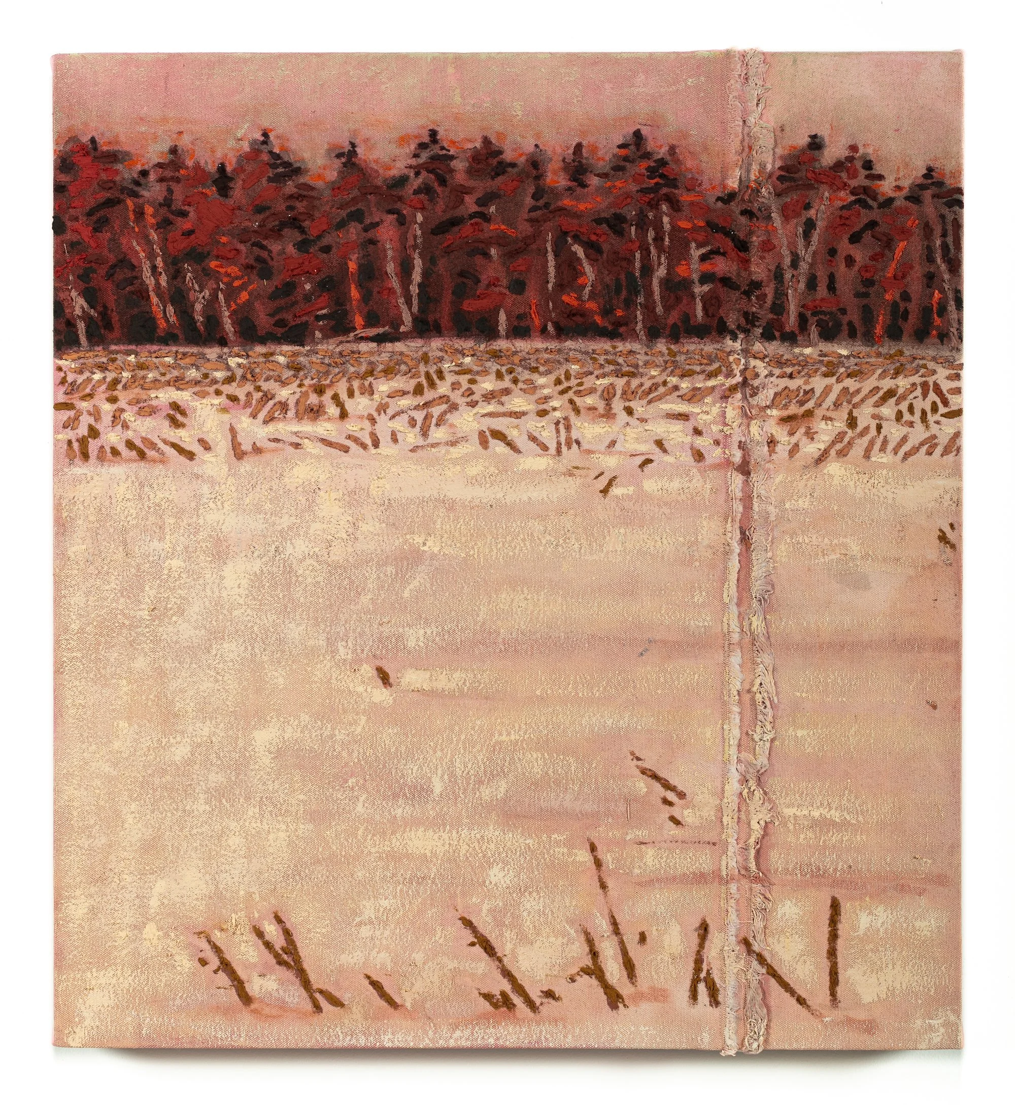   Tessa Greene O'Brien,  Winter Corn, Black Hill Rd , 2026, Oil, bleach, and wax resist on dyed and sewn canvas over panel, 24 x 21 inches. Photo credit: Boru O'Brien O'Connell.  