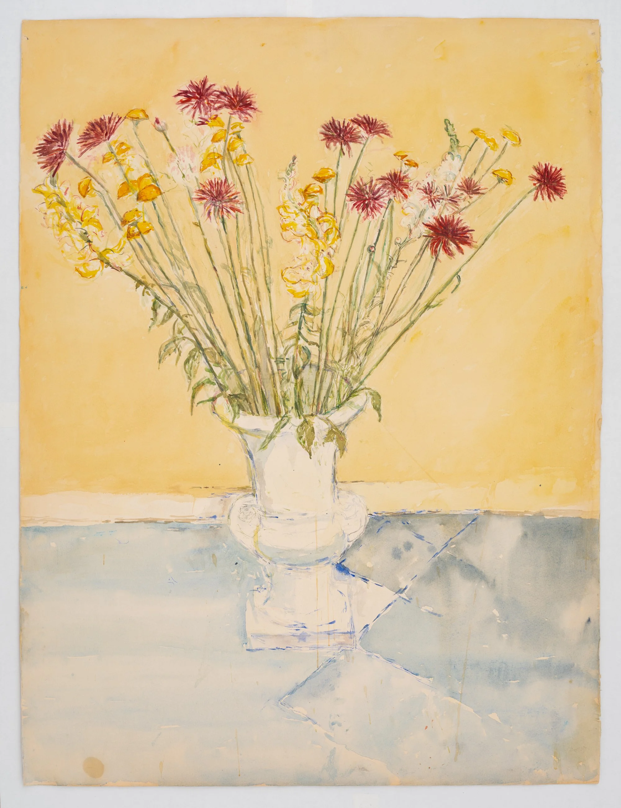   Miguel Ferrando,  Untitled (Mums and Matthiola in Artist Vase) , ca. 1975–1985, Watercolor and gouache on paper, 29 x 22 inches. Photo credit: Kunning Huang.  