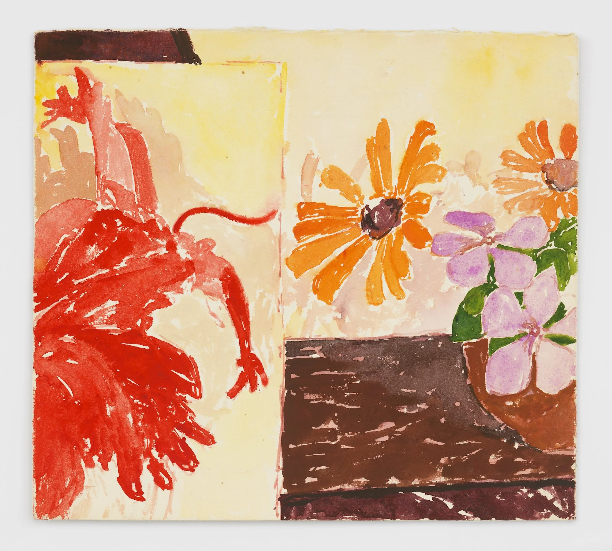   Miguel Ferrando,  Untitled (Orange, Lilac Arrangement With Superimposed Red Flower) , ca. 1985-1990, Watercolor and gouache on paper, 12 1/2 x 14 inches. Photo credit: Matt Grubb.  