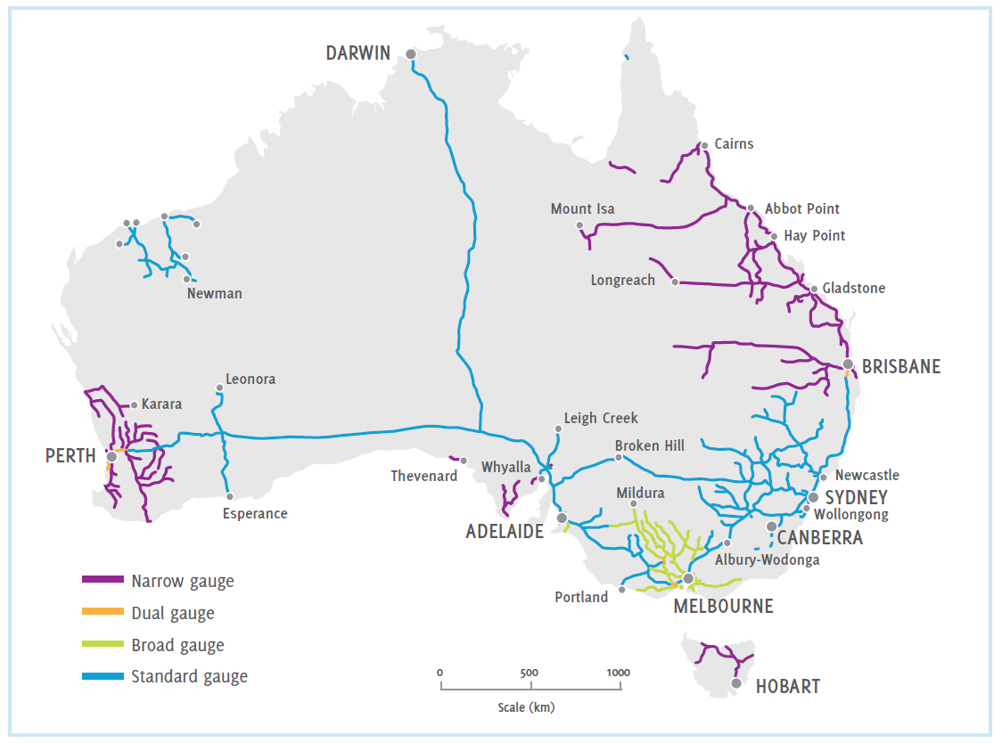 Figure 1: Australia’s rail system by gauge ( BITRE, 2012 )