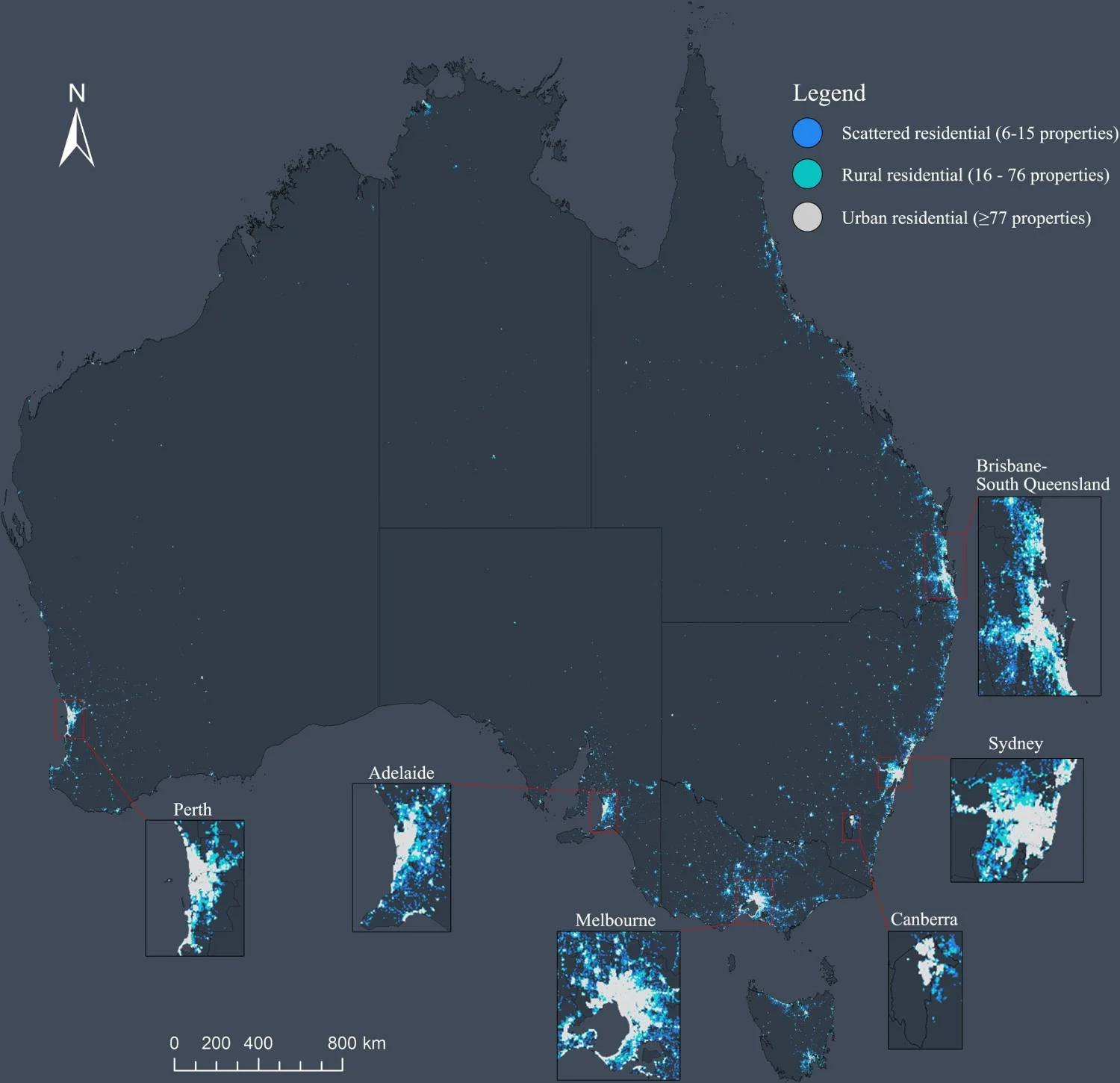 Figure 1: Where do Australians reside? Use of light at night as an indicator of population density and location. (Source: Bin Xie & Yan Liu (2018) Visualizing Australia’s urban extent: a comparison between residential housing addresses and night-time light data. See https://doi.org/10.1080/21681376.2018.152664)