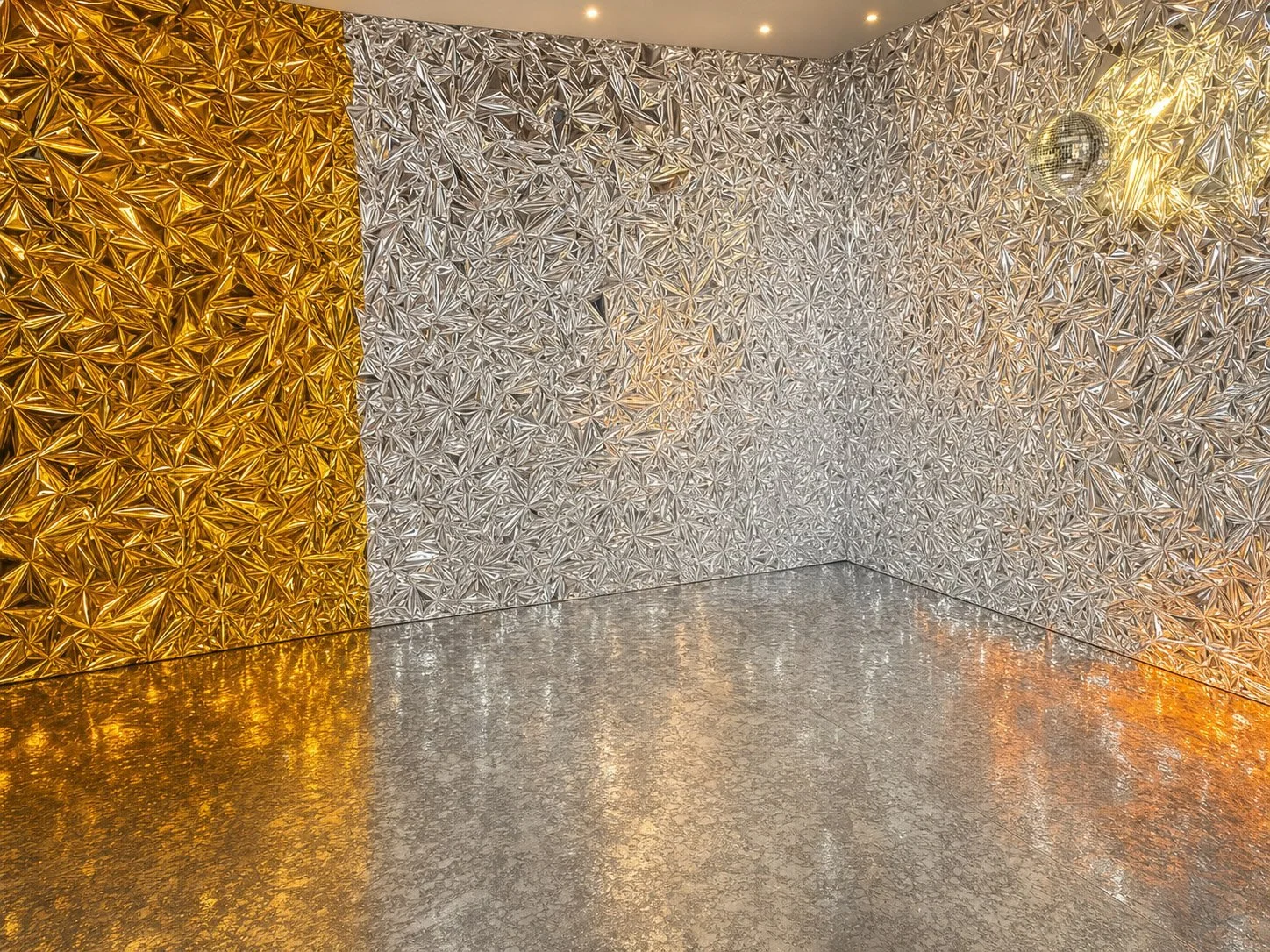 Gold and silver foil backdrop set in the Back Studio at Ronin Creative Studios, Miami