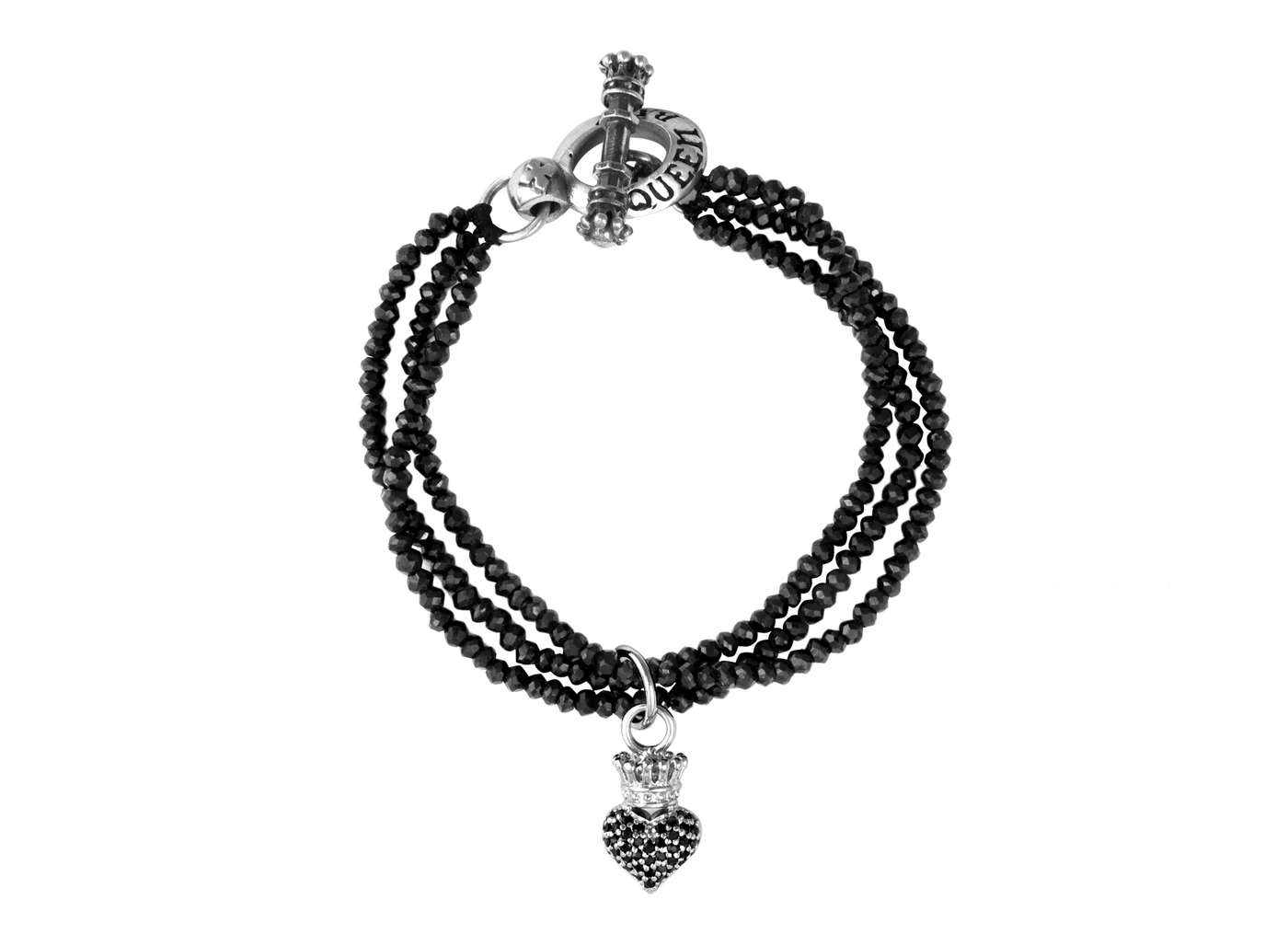 Triple strand black spinel bracelet w/ black pave cz crowned heart