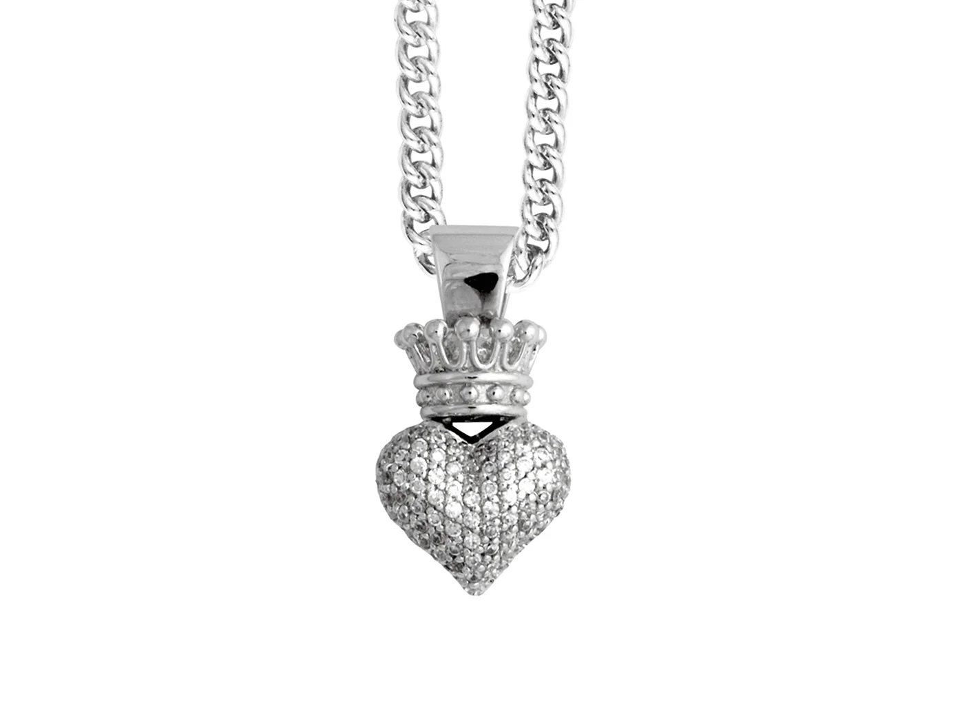 Small 3D crowned heart, white cz pave, 18" chain