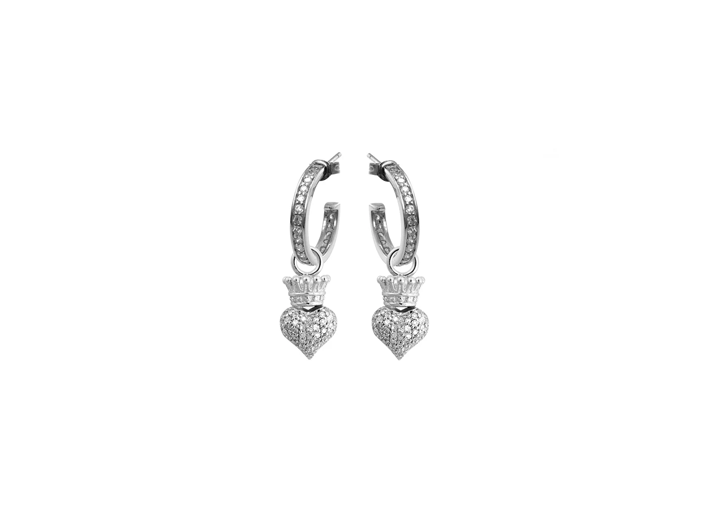 Small pave hoops w/ crowned hearts and white cz