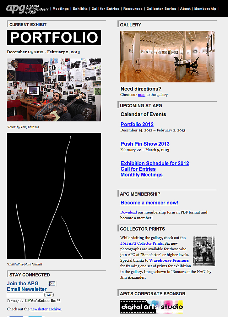 Atlanta Photography Group Portfolio 2012, Atlanta Photography Group, Atlanta Georgia, December 12, 2012 – February 2, 2013