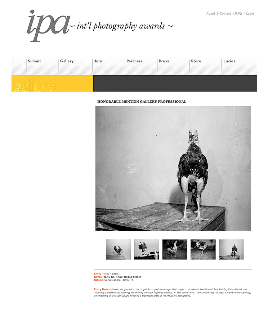 Honorable Mention in the 2012 International Photography Award sponcered by The Lucie Foundation