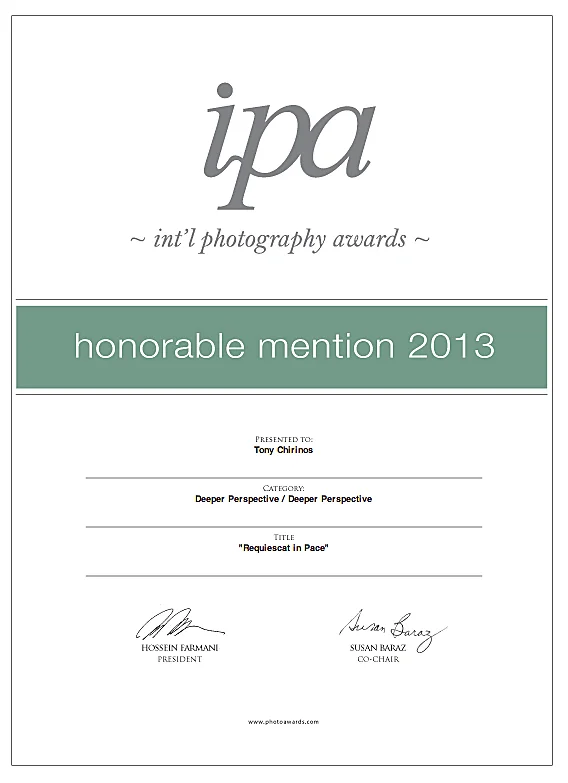Honorable Mention in the 2013 International Photography Award sponcered by The Lucie Foundation