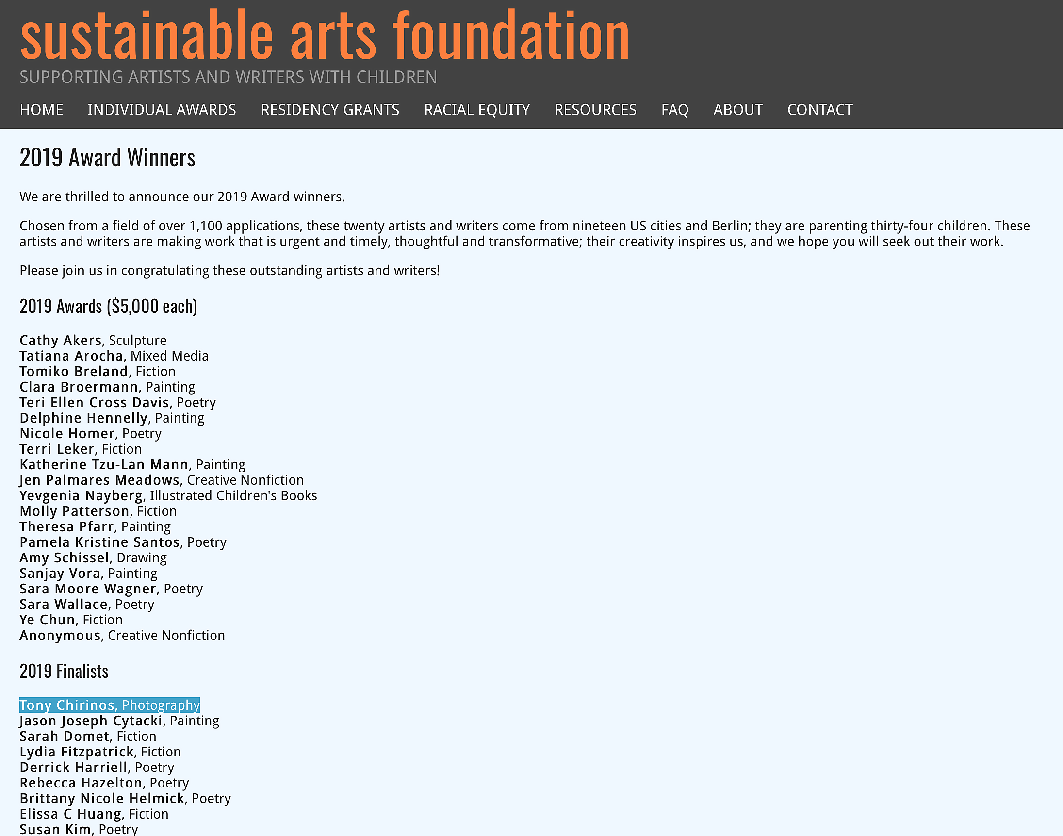 Sustainable Arts Foundation, 2019 Finalist