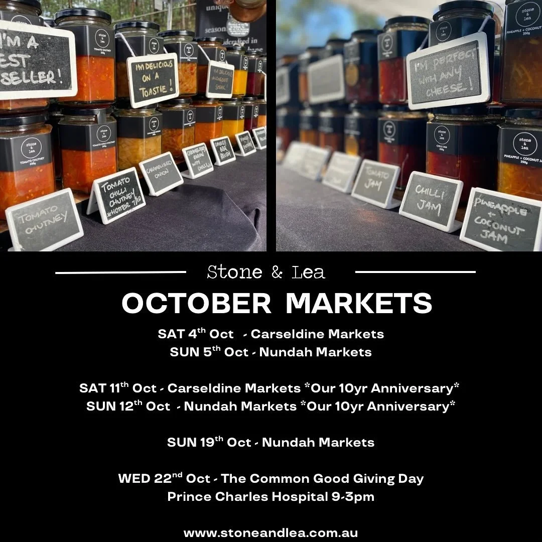 ✨October Markets in Brisbane ✨

🛒 Click &amp; collect available at our Markets or local pick up from Wavell Heights, contact Rosanne 0402754009

🚚 $15 FLAT RATE STANDARD SHIPPING AUS wide

https://www.stoneandlea.com.au/shop