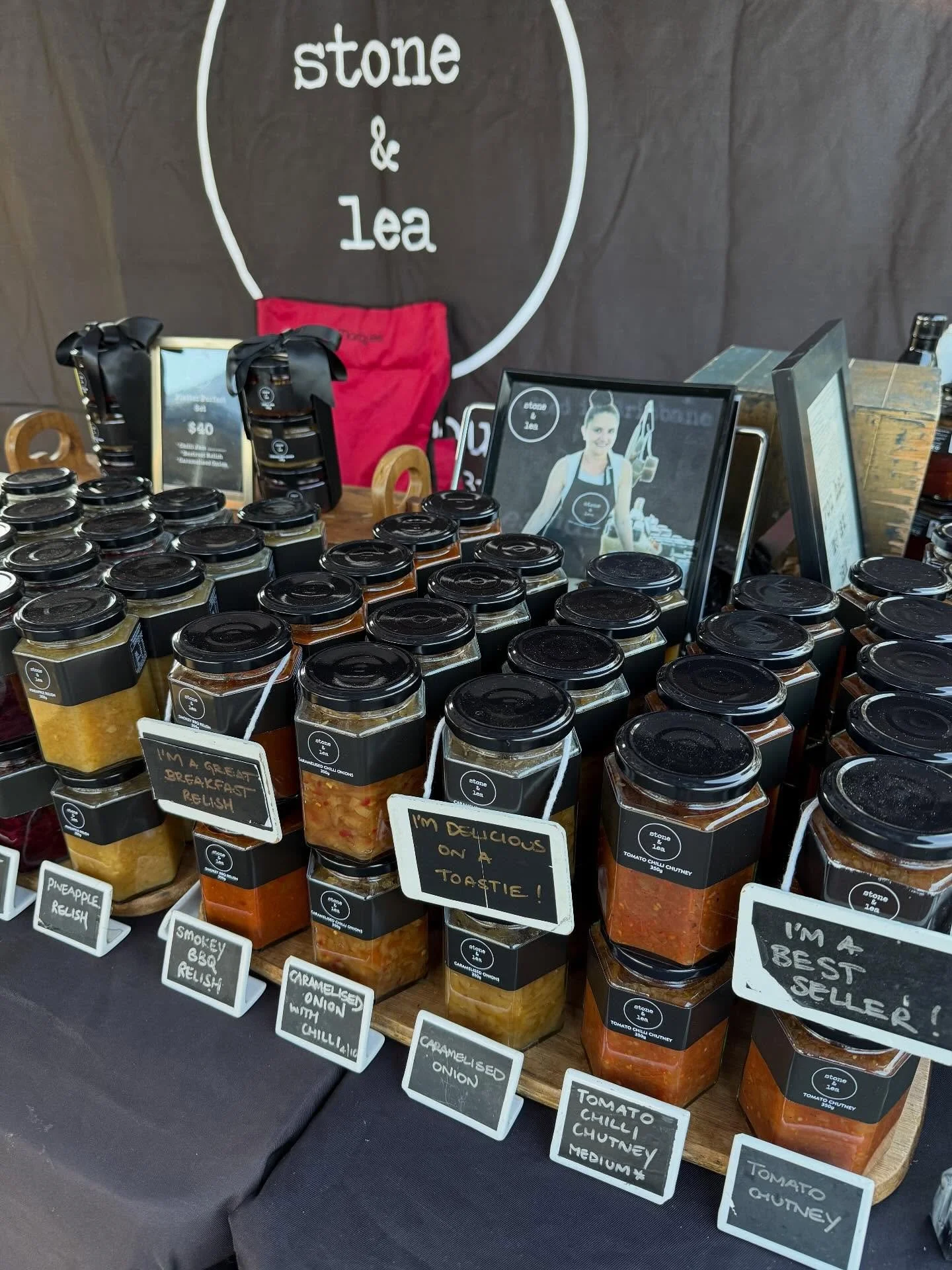 Our chutneys &amp; relishes lined up today at the @carseldinefarmersmarkets ready for your long weekend and footy final feasting! 😎

Open until 12noon