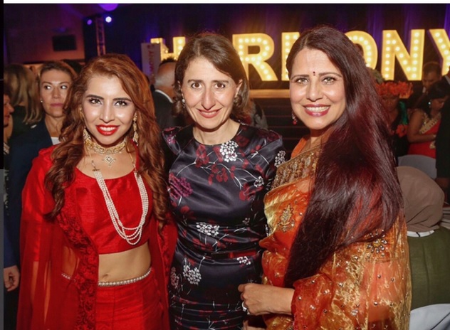 Shaizy with NSW Premier - Glady Berejiklian and Lucky Singh, from GNKFS Homeless Charity, at the NSW Premier's Harmony Dinner in March 2017