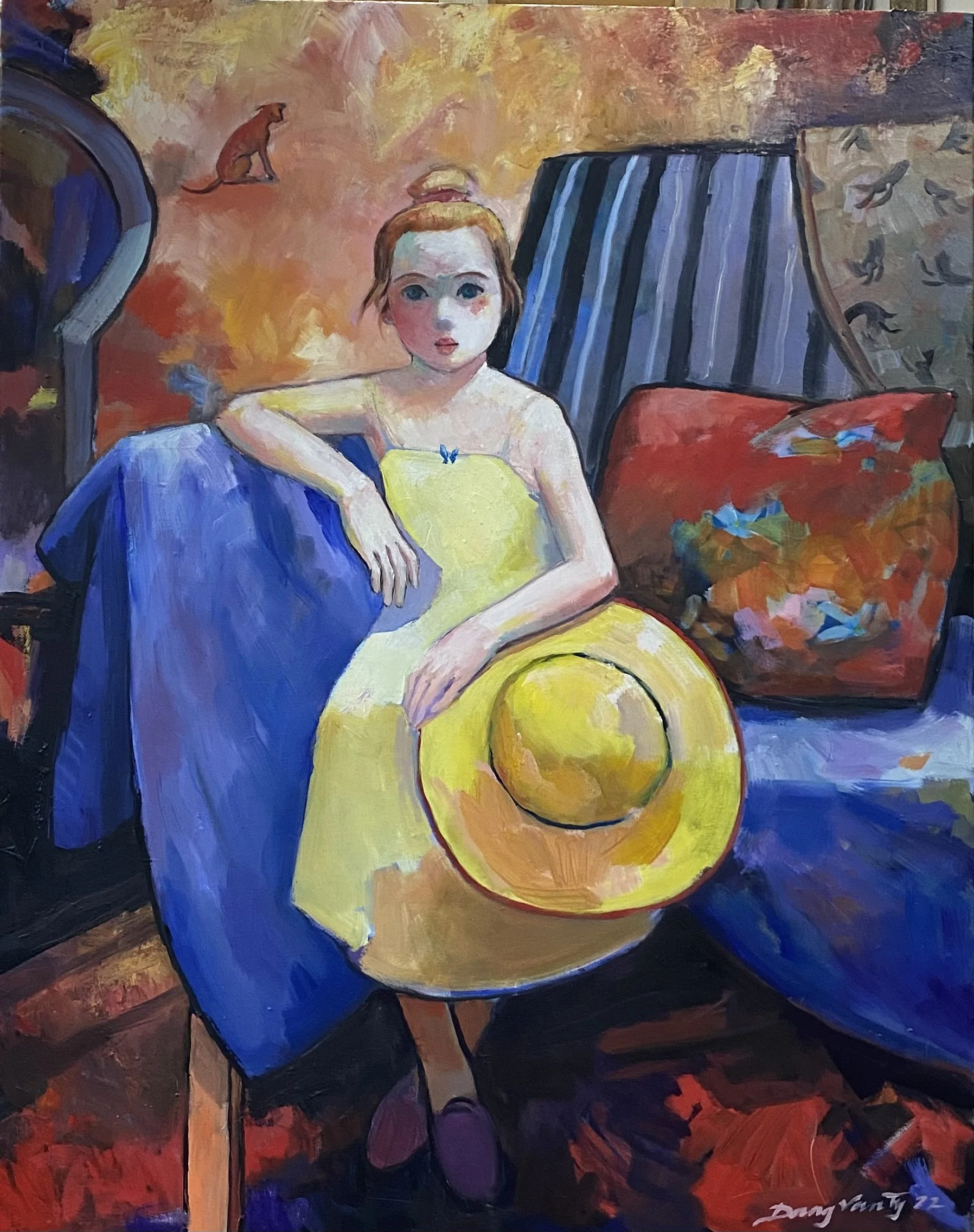 Pike med gul hatt. Olje på lerret.. 74x93cm. Kr 28 000