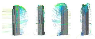 Turbulent flow around a procedurally generated tall building, various views (Wilkinson, 2013).